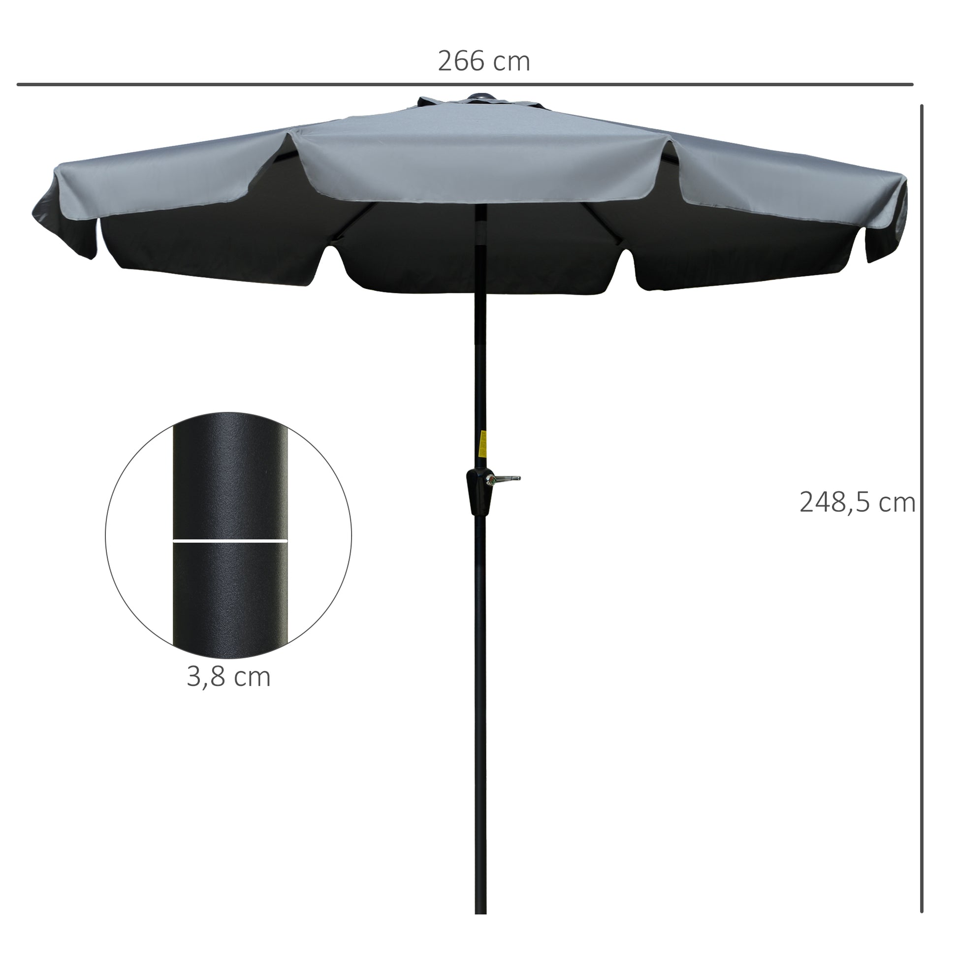 Outsunny Sombrilla Terraza Exterior Ø266 cm Sombrilla de Jardín Inclinable con Protección UV50+ Poste de Aluminio y Manivela Parasol para Patio Terraza Gris Oscuro