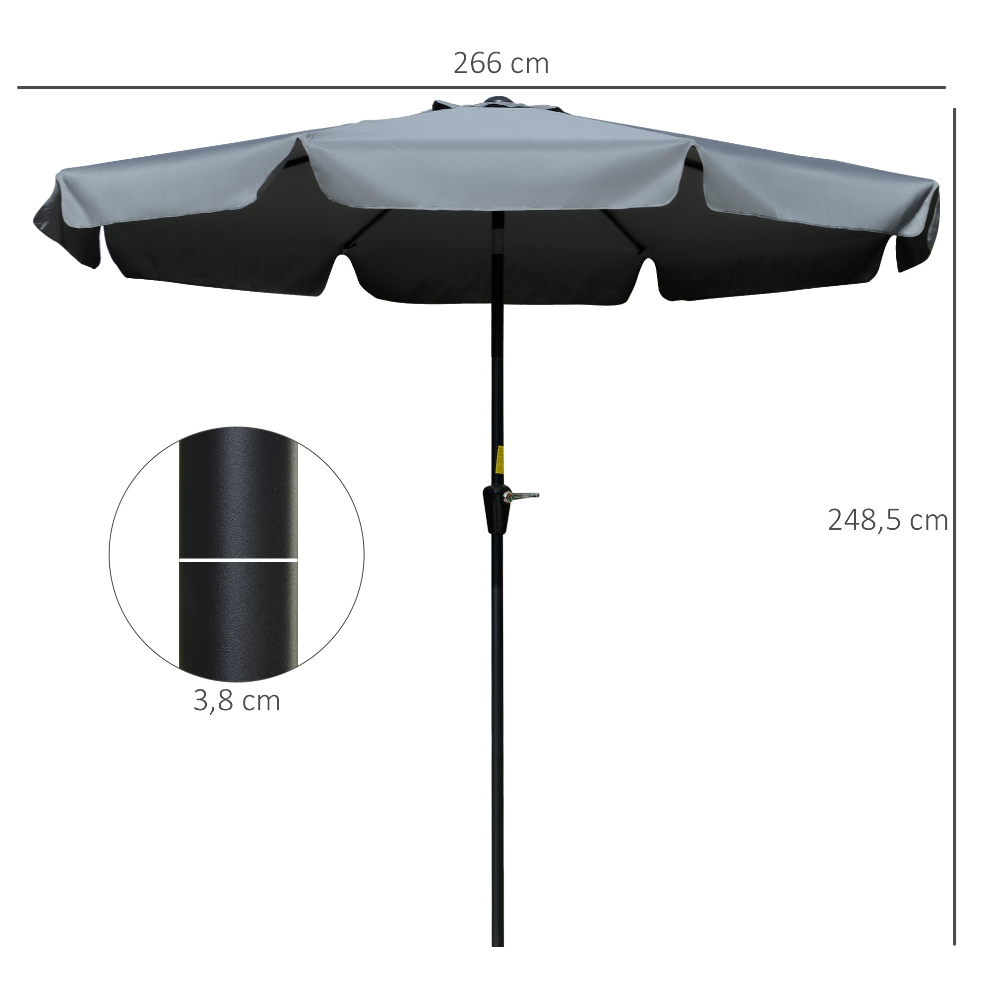 Outsunny Sombrilla Terraza Exterior Ø266 cm Sombrilla de Jardín Inclinable con Protección UV50+ Poste de Aluminio y Manivela Parasol para Patio Terraza Gris Oscuro