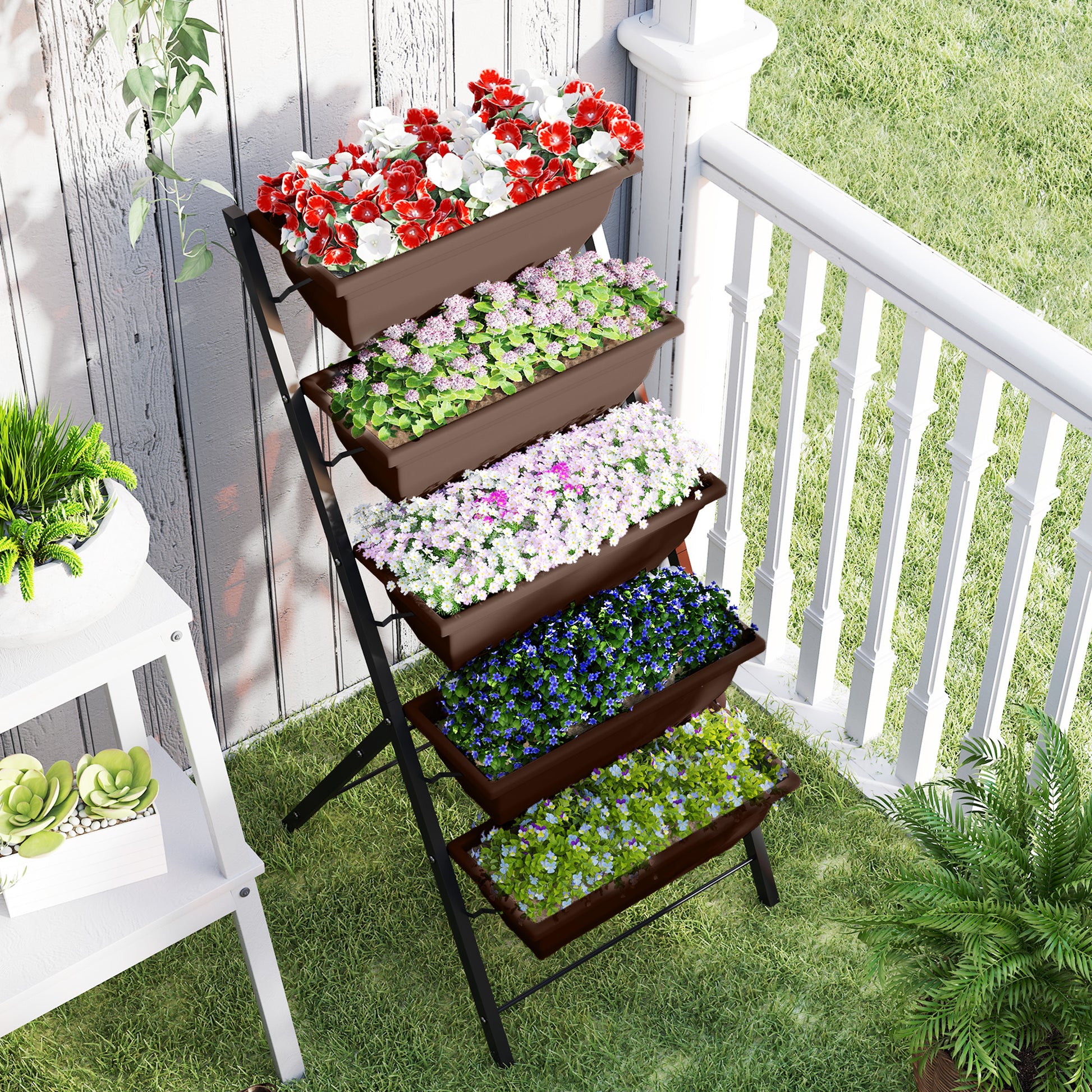 Outsunny Soporte para Plantas de 5 Niveles con 5 Macetas, Estantería para Plantas para Esquina, Orificios de Drenaje, Diseño en Escalera, Soporte para Macetas, Interior y Exterior, 55x63x120 cm, Negro