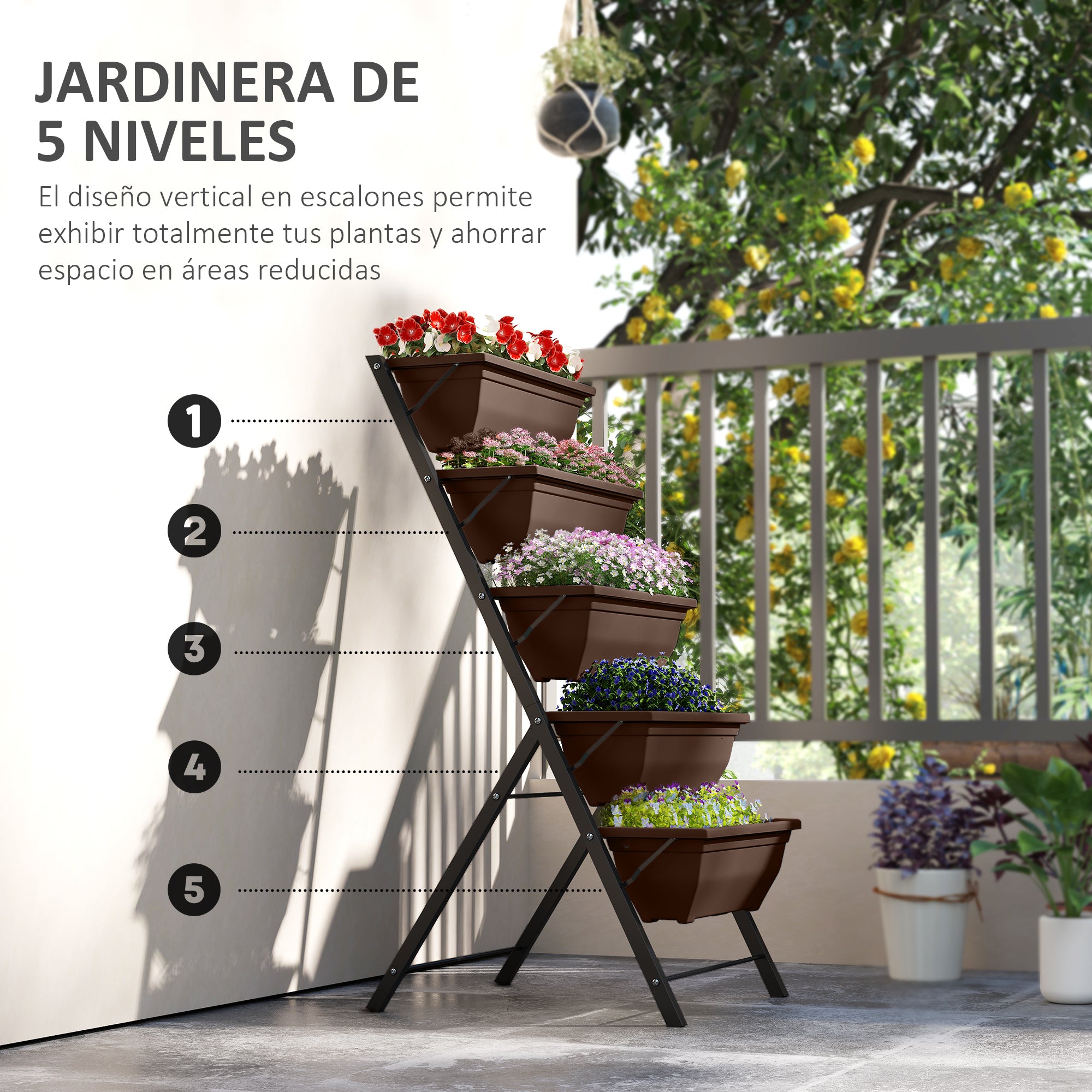 Outsunny Soporte para Plantas de 5 Niveles con 5 Macetas, Estantería para Plantas para Esquina, Orificios de Drenaje, Diseño en Escalera, Soporte para Macetas, Interior y Exterior, 55x63x120 cm, Negro