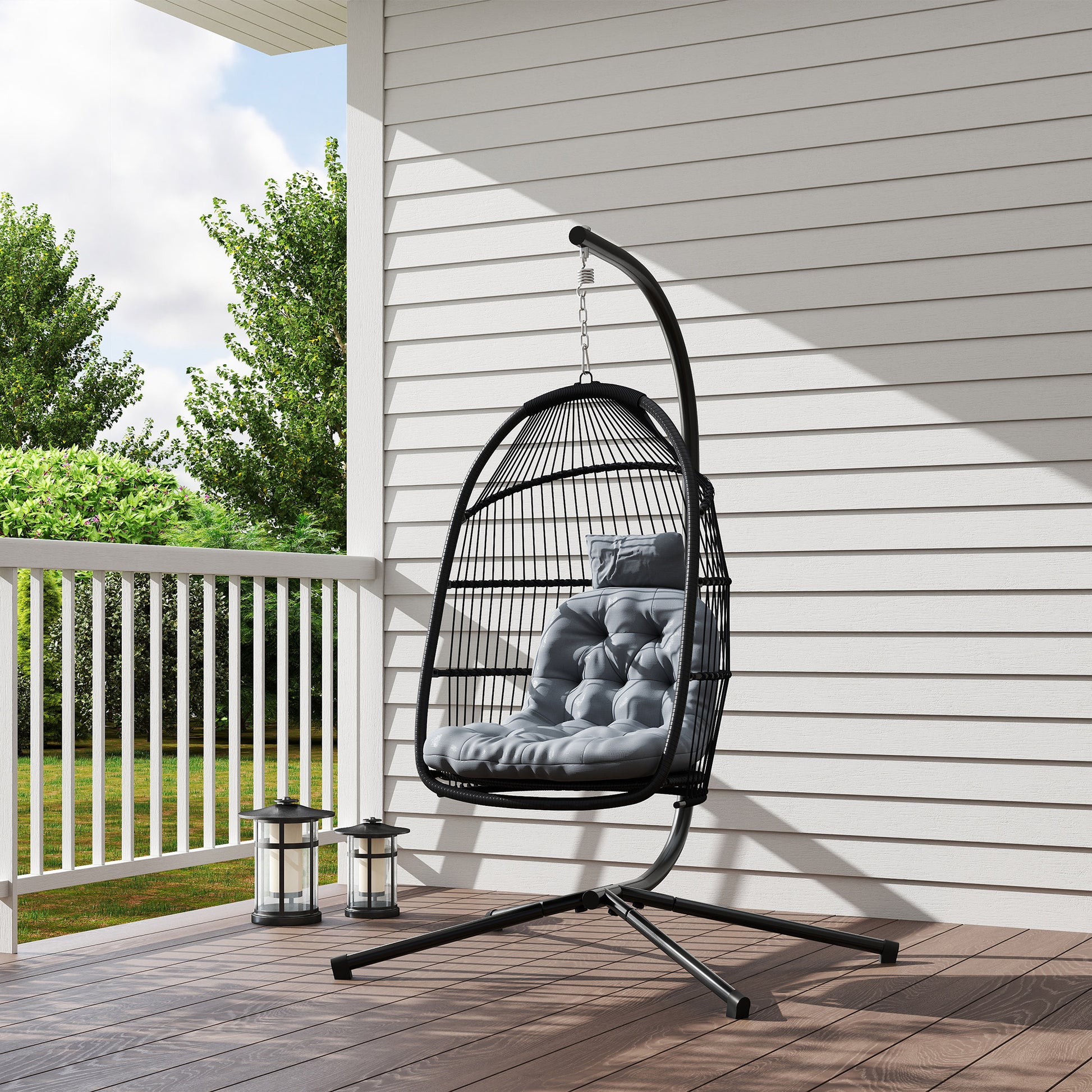 Outsunny Silla Colgante Huevo con Soporte, Columpio Jardín Exterior con Cesta Plegable, Cojín Anti-UV y Reposacabezas Desmontable para Interior y Exterior, Carga 150 kg, Gris Oscuro
