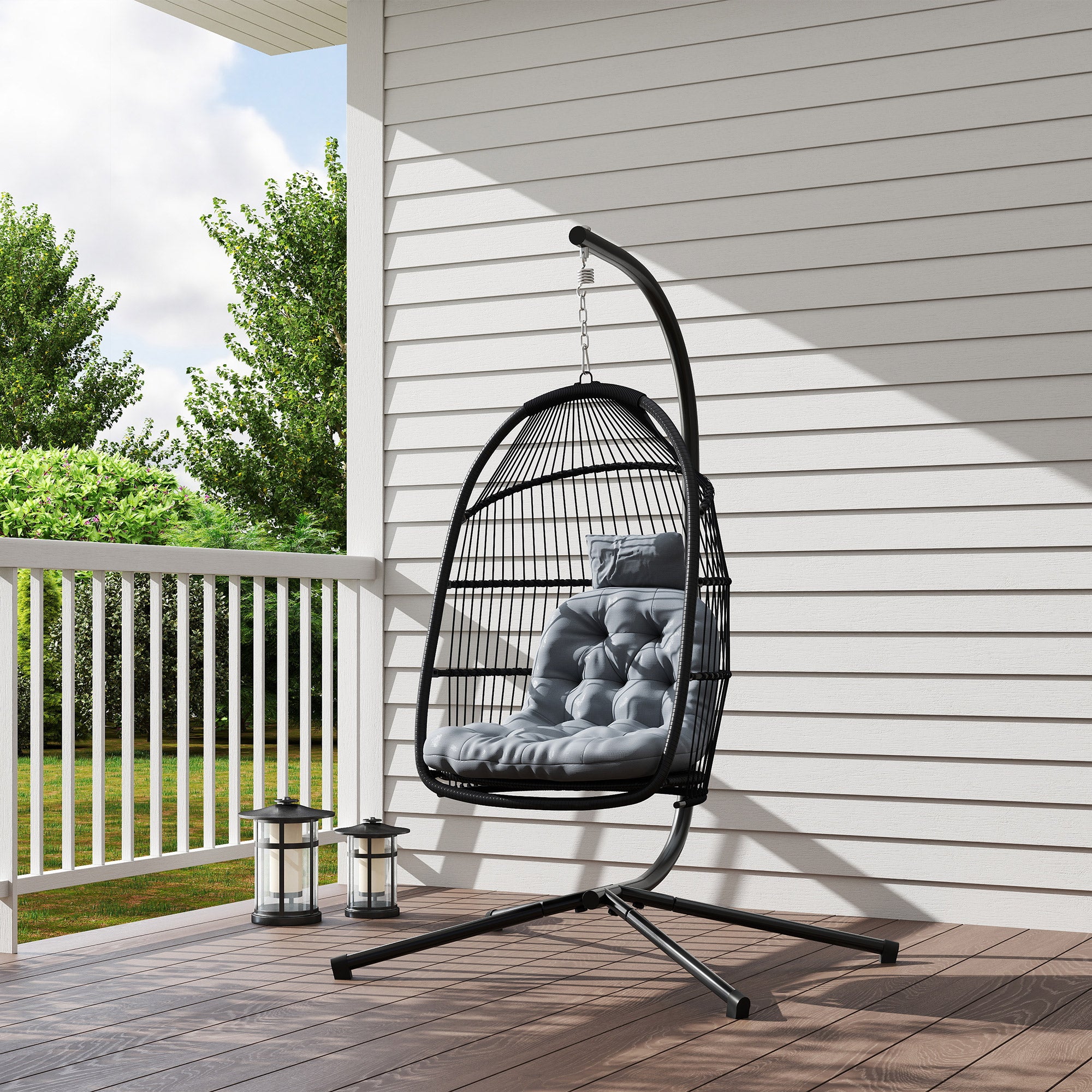 Outsunny Silla Colgante Huevo con Soporte, Columpio Jardín Exterior con Cesta Plegable, Cojín Anti-UV y Reposacabezas Desmontable para Interior y Exterior, Carga 150 kg, Gris Oscuro