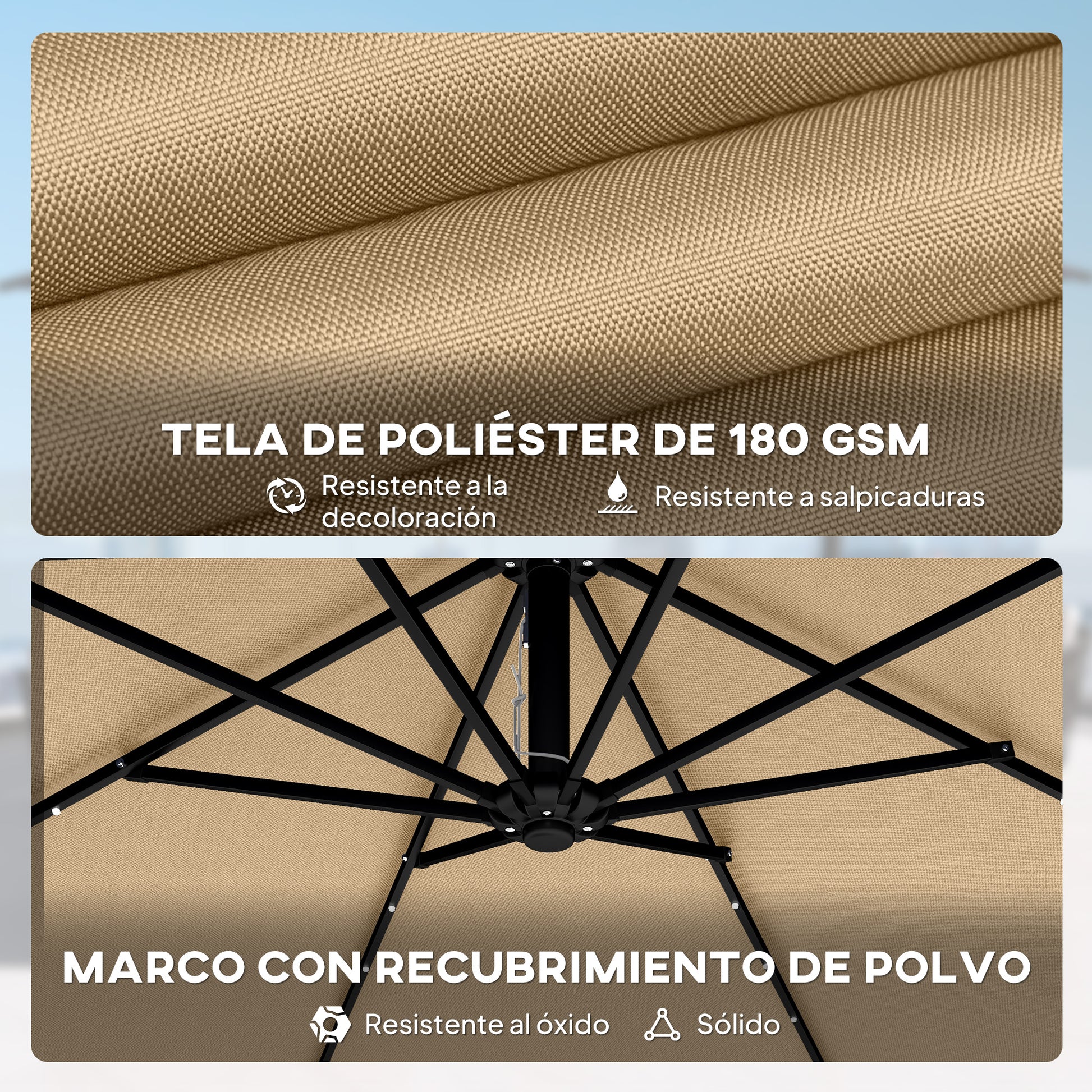 Outsunny Parasol Excéntrico con Luces LED Solares, Ø330 cm, Sombrilla de Jardín con Base Cruzada, Manivela, Funda Protectora y Cuerda de Viento, Anti-UV 50+, para Terraza, Patio, Caqui