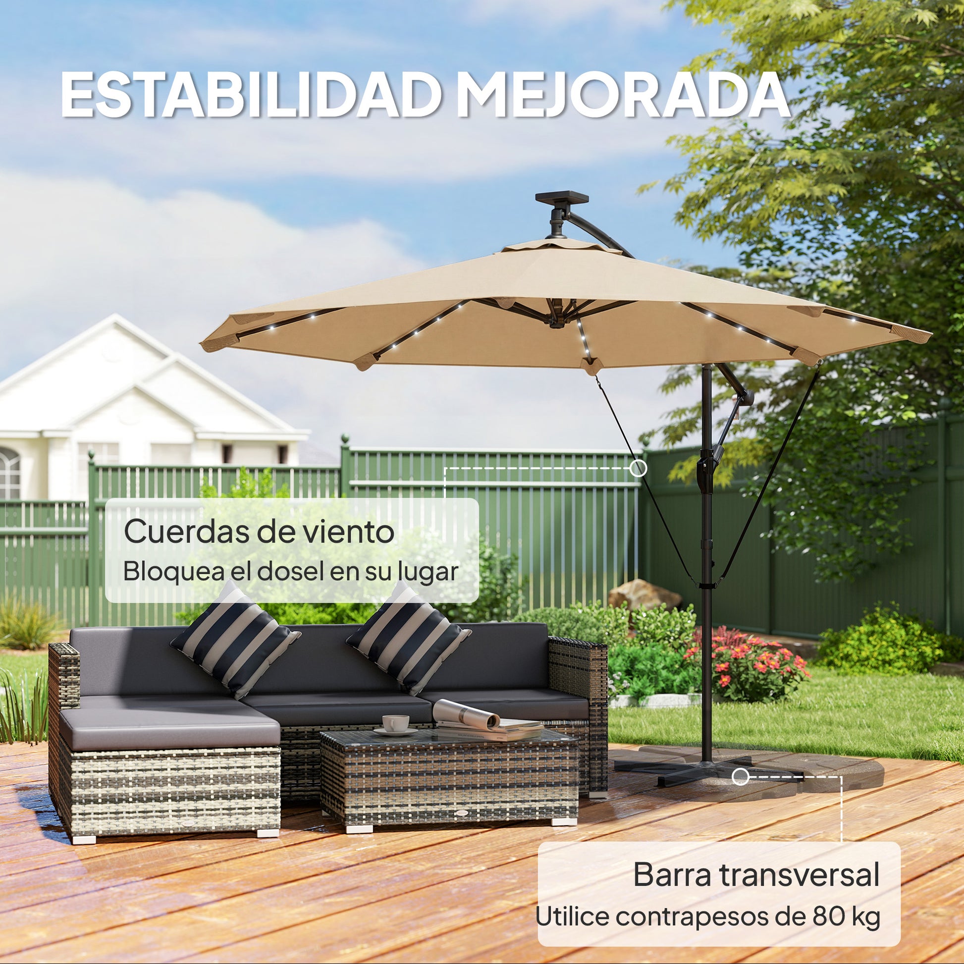 Outsunny Parasol Excéntrico con Luces LED Solares, Ø330 cm, Sombrilla de Jardín con Base Cruzada, Manivela, Funda Protectora y Cuerda de Viento, Anti-UV 50+, para Terraza, Patio, Caqui