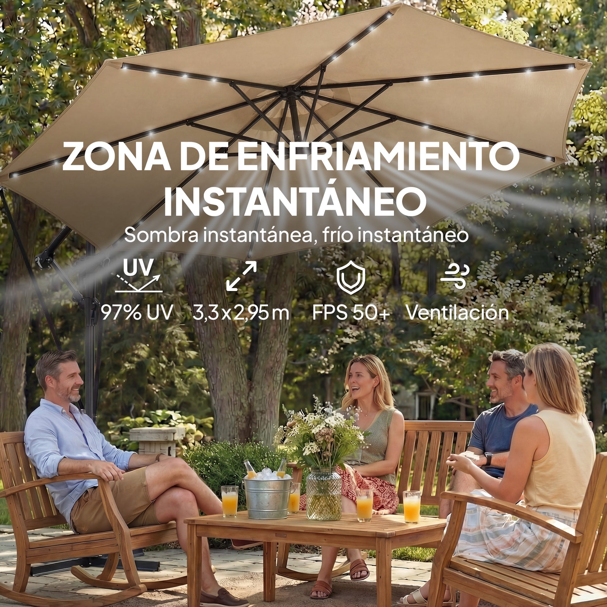 Outsunny Parasol Excéntrico con Luces LED Solares, Ø330 cm, Sombrilla de Jardín con Base Cruzada, Manivela, Funda Protectora y Cuerda de Viento, Anti-UV 50+, para Terraza, Patio, Caqui