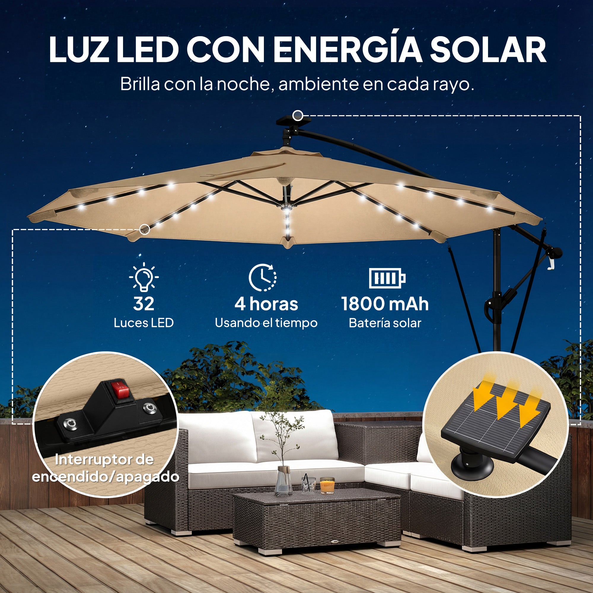 Outsunny Parasol Excéntrico con Luces LED Solares, Ø330 cm, Sombrilla de Jardín con Base Cruzada, Manivela, Funda Protectora y Cuerda de Viento, Anti-UV 50+, para Terraza, Patio, Caqui