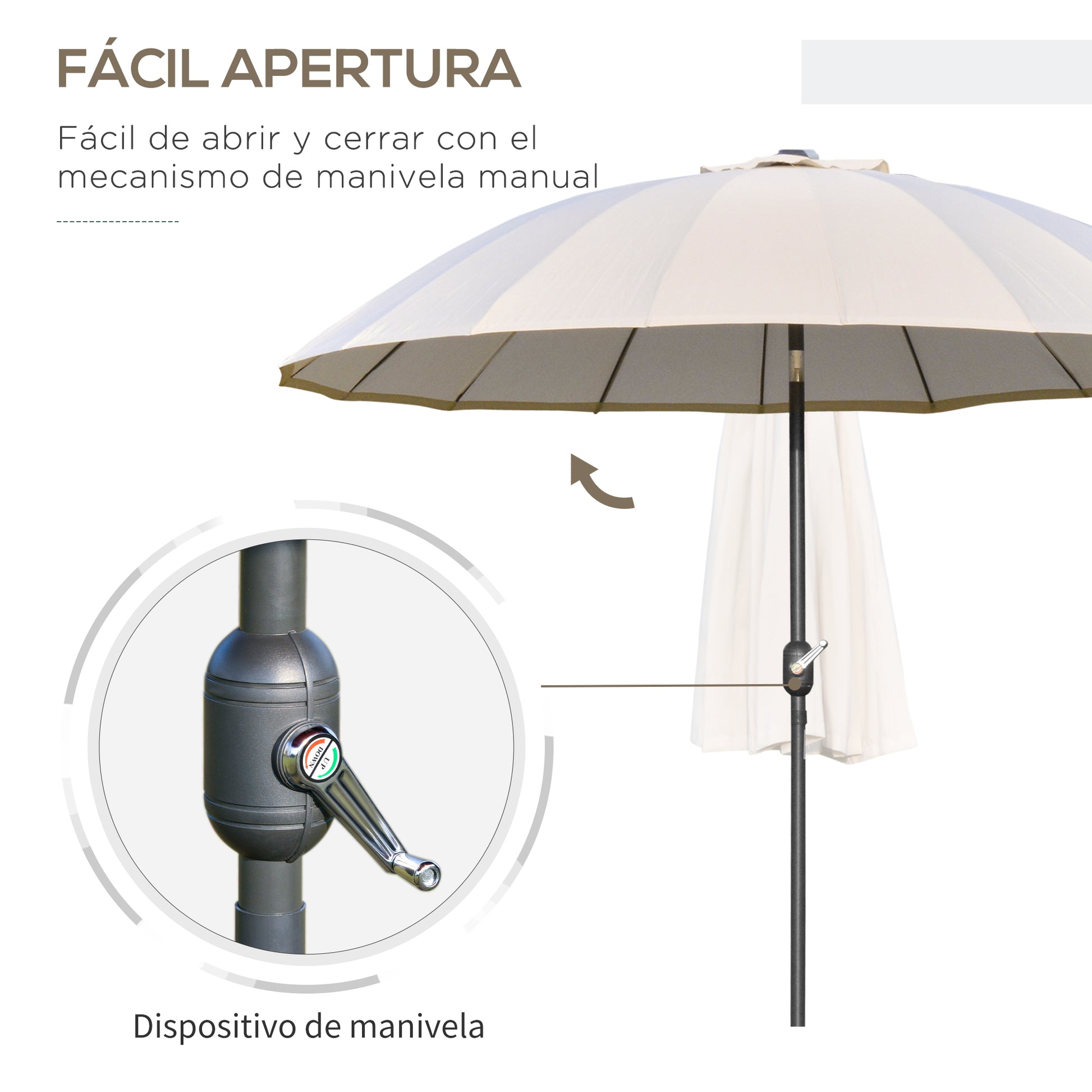Outsunny Sombrilla Terraza Exterior Ø250 cm Sombrilla de Jardín con Ángulo Inclinable 18 Varillas y Manivela Impermeable Parasol para Patio Terraza Crema