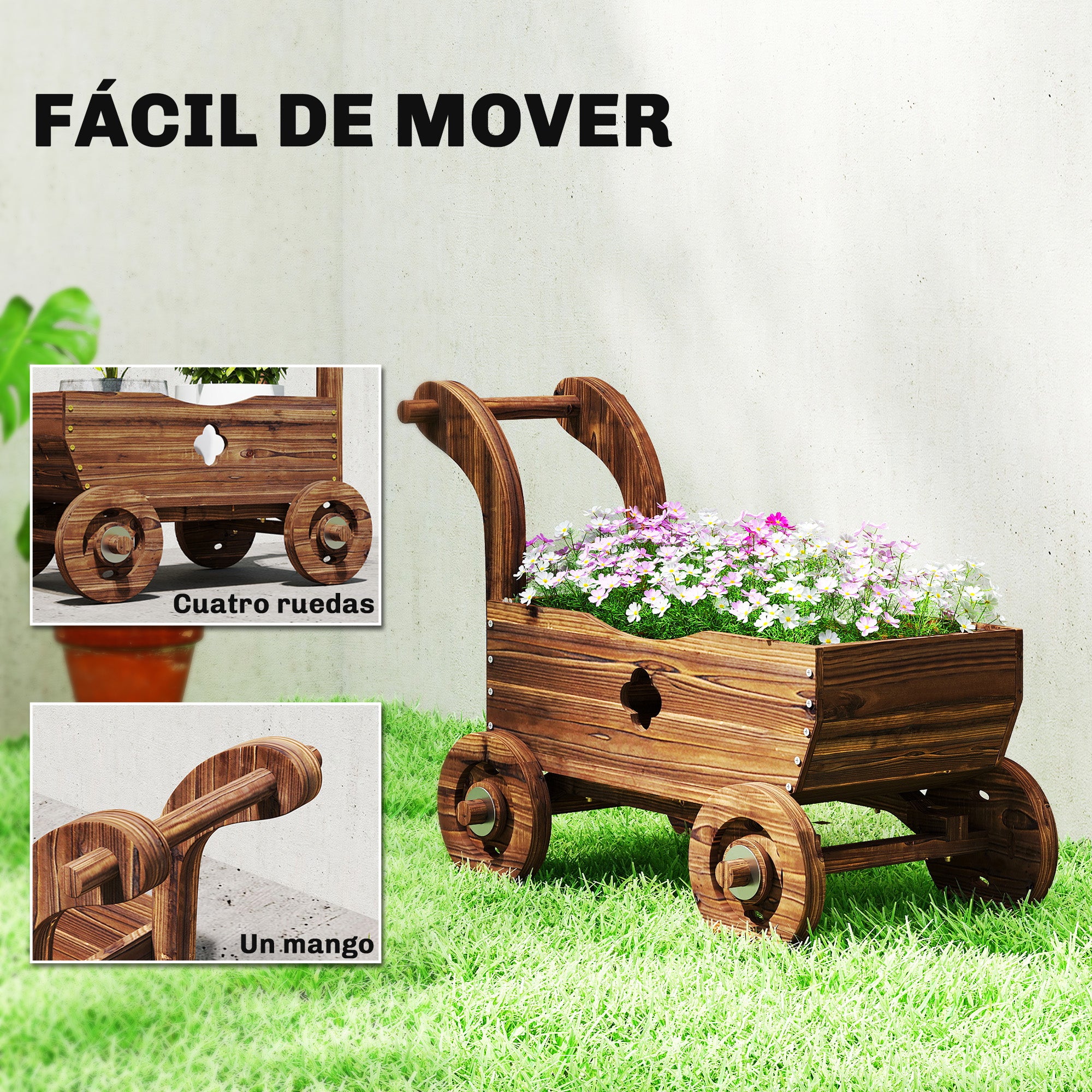 Outsunny Carretilla de Madera Decorativa, Jardinera Elevada con 4 Ruedas, Asa, Orificios de Drenaje, Macetero Exterior para Cultivos de Plantas, Flores en Terraza, Jardín, 68x38x52 cm, Carbonizado