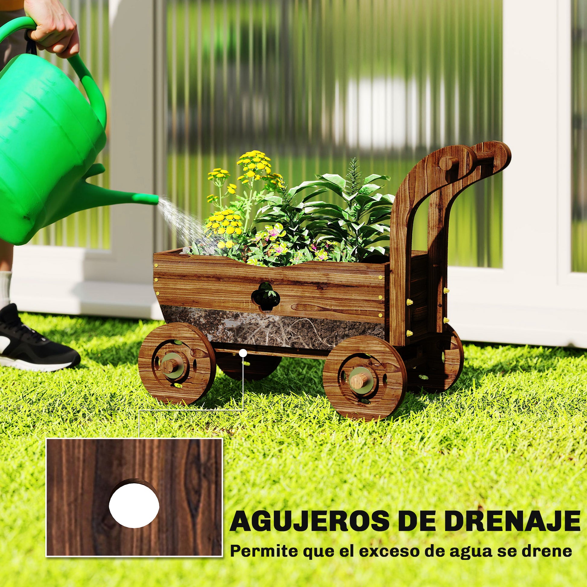 Outsunny Carretilla de Madera Decorativa, Jardinera Elevada con 4 Ruedas, Asa, Orificios de Drenaje, Macetero Exterior para Cultivos de Plantas, Flores en Terraza, Jardín, 68x38x52 cm, Carbonizado