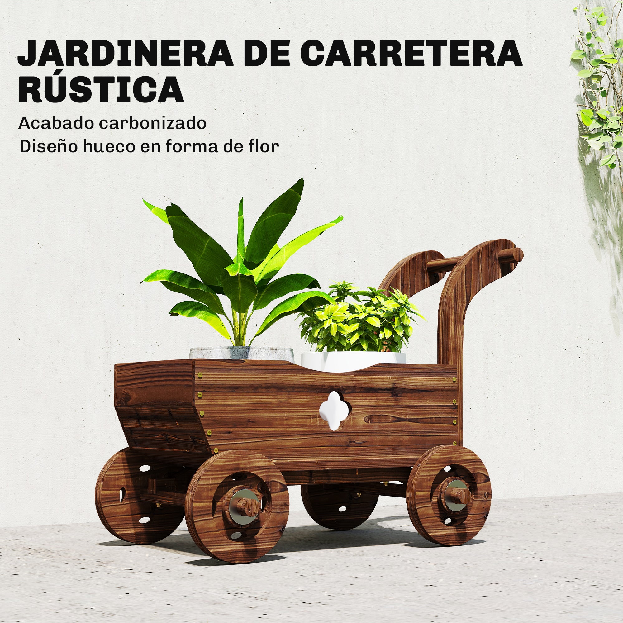 Outsunny Carretilla de Madera Decorativa, Jardinera Elevada con 4 Ruedas, Asa, Orificios de Drenaje, Macetero Exterior para Cultivos de Plantas, Flores en Terraza, Jardín, 68x38x52 cm, Carbonizado