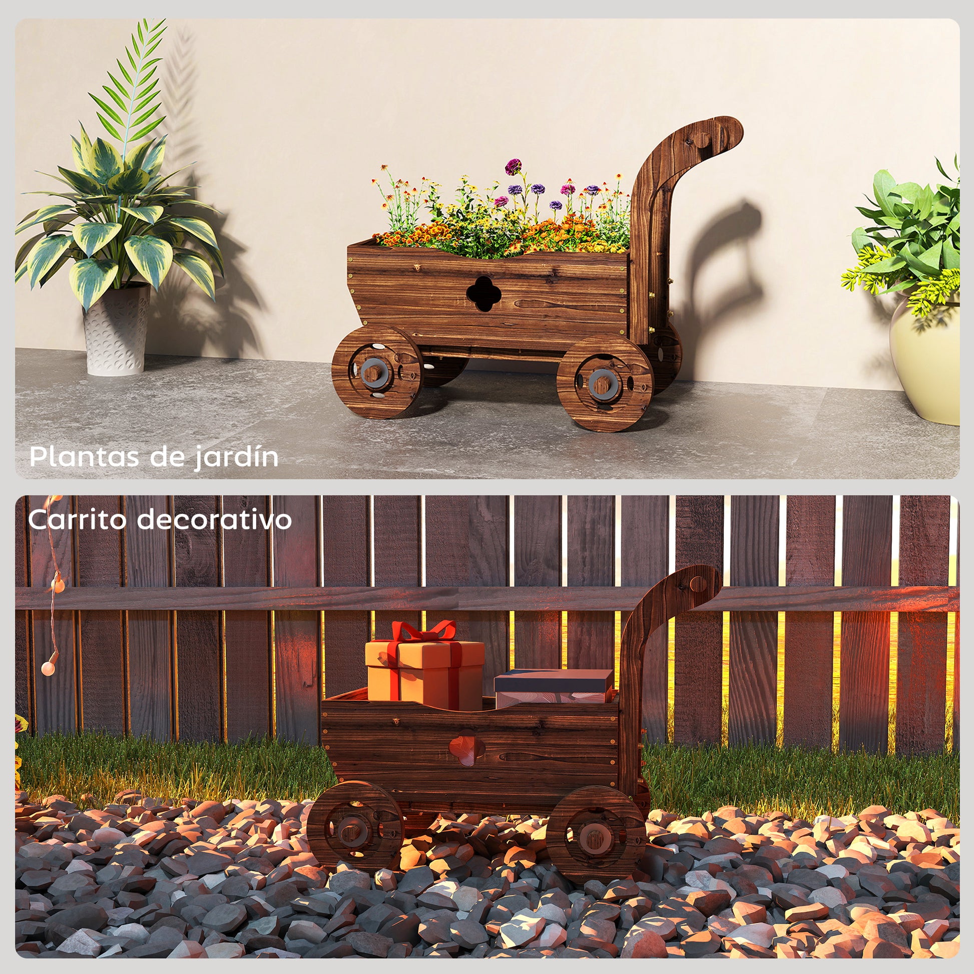 Outsunny Carretilla de Madera Decorativa, Jardinera Elevada con 4 Ruedas, Asa, Orificios de Drenaje, Macetero Exterior para Cultivos de Plantas, Flores en Terraza, Jardín, 68x38x52 cm, Carbonizado
