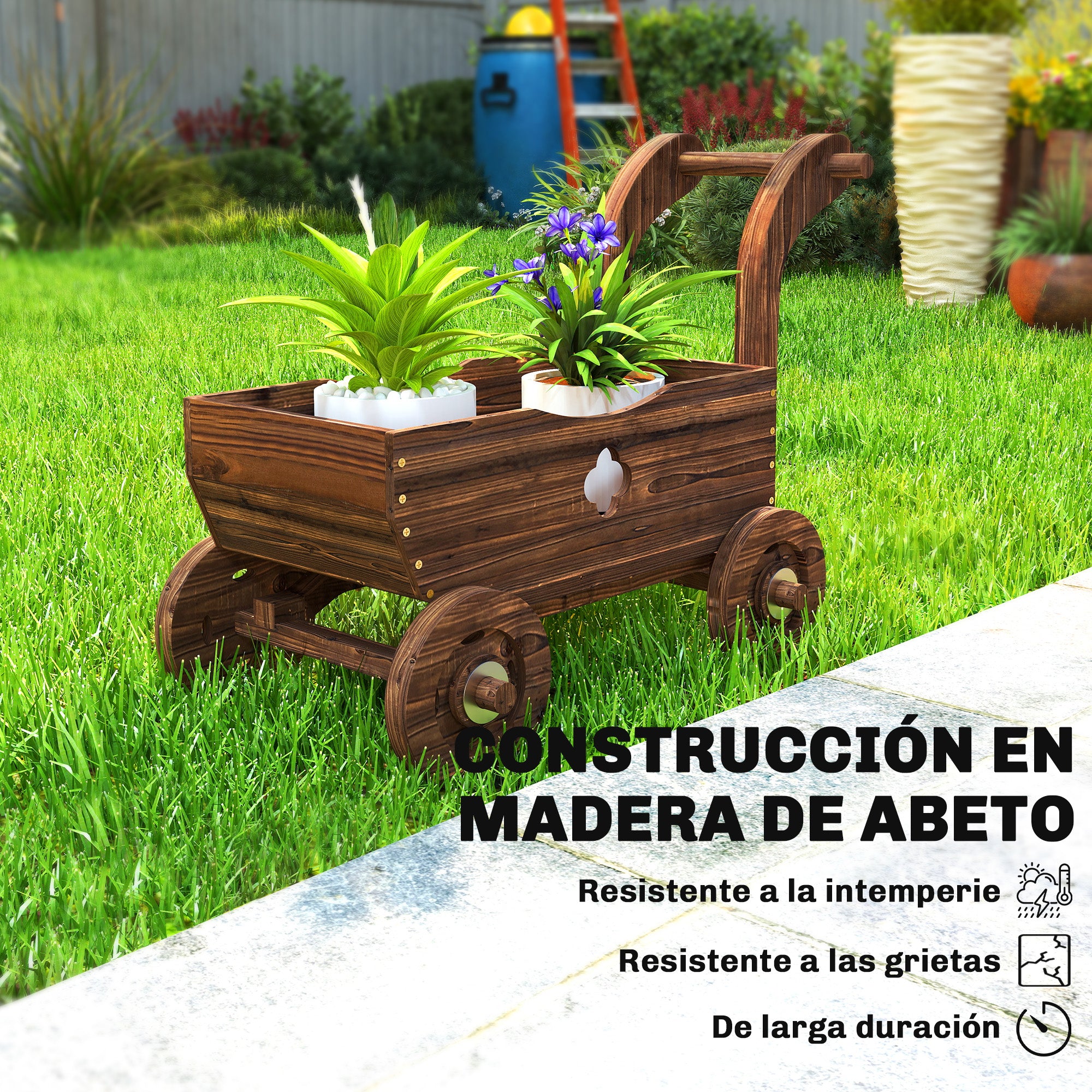 Outsunny Carretilla de Madera Decorativa, Jardinera Elevada con 4 Ruedas, Asa, Orificios de Drenaje, Macetero Exterior para Cultivos de Plantas, Flores en Terraza, Jardín, 68x38x52 cm, Carbonizado