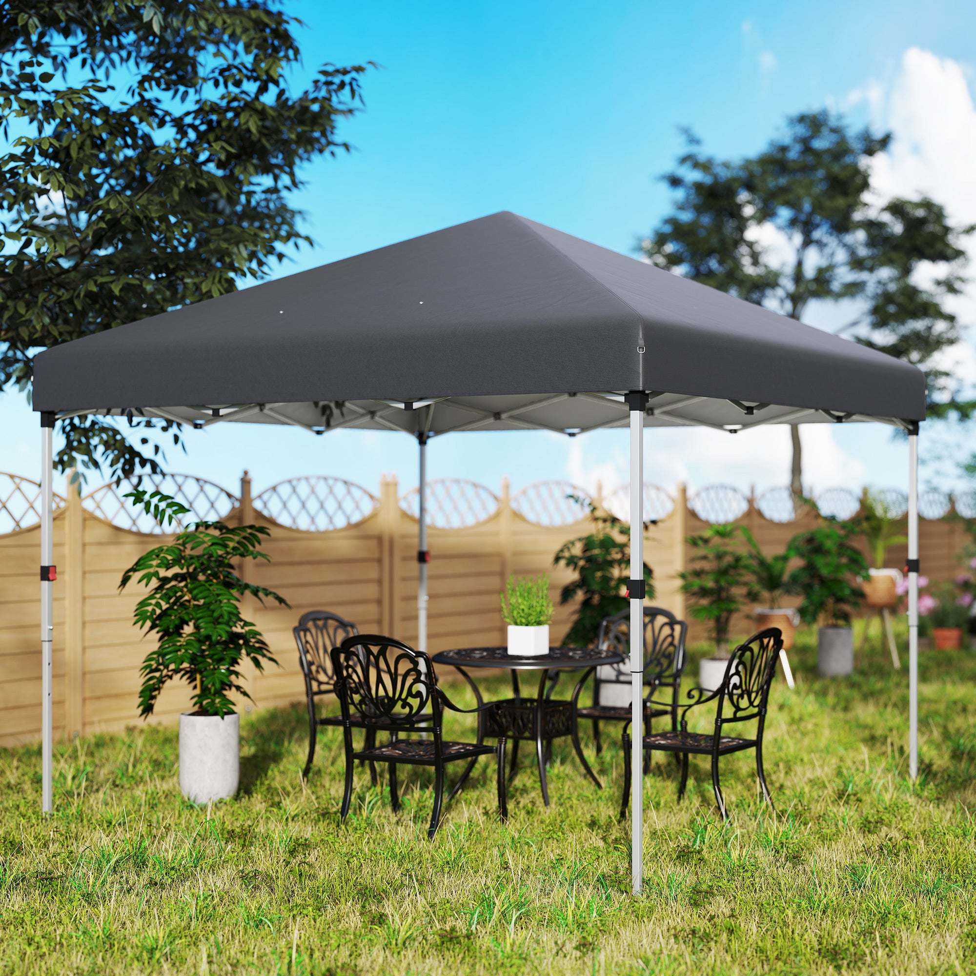 Outsunny Carpa Plegable Pop-up Gazebo 3x3 m Cenador Plegable con 2 Paredes Laterales Anti-UV Altura Ajustable en 3 Niveles Sacos de Arena y Bolsa de Transporte con Ruedas para Camping Gris Oscuro