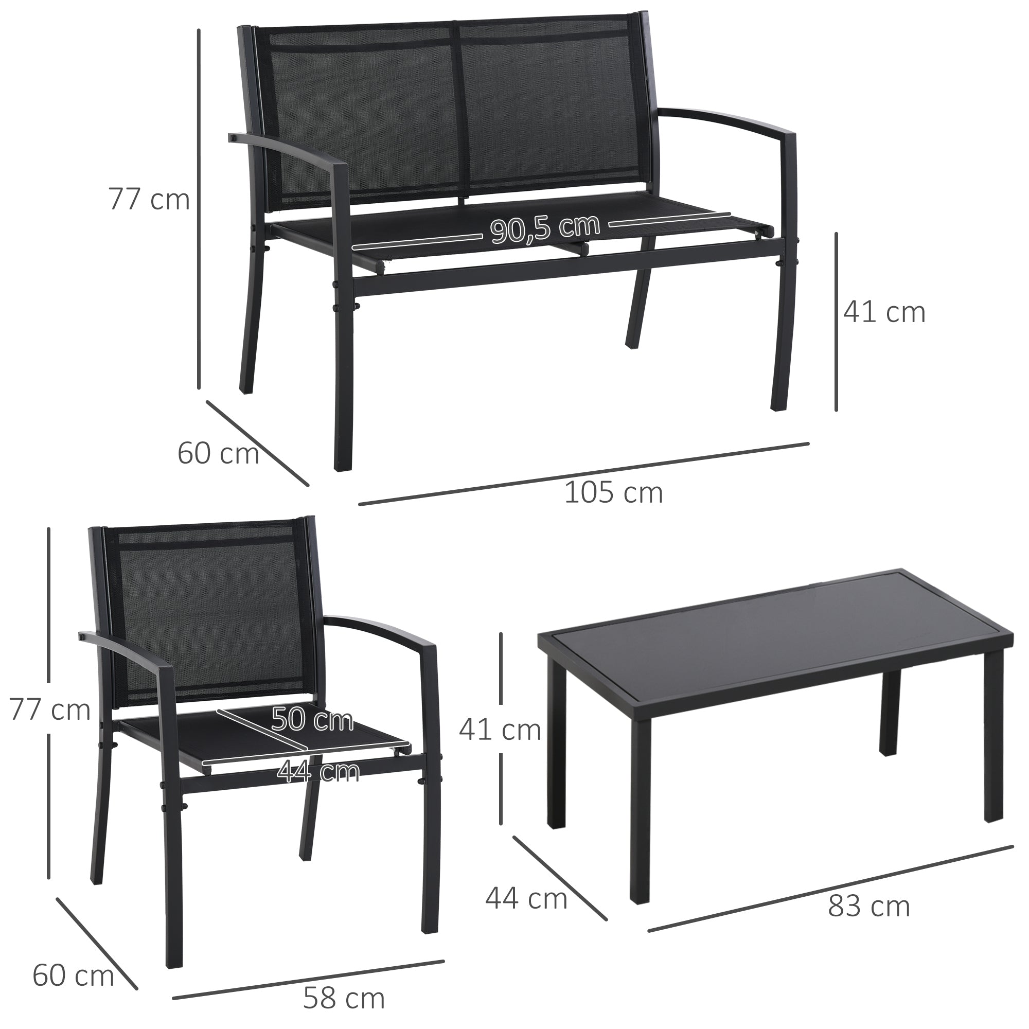 Outsunny Conjunto de Jardín Exterior 4 Piezas Muebles Jardín Exterior con 2 Sillones 1 Sofá de 2 Plazas y Mesa de Centro con Tablero de Vidrio Templado Negro