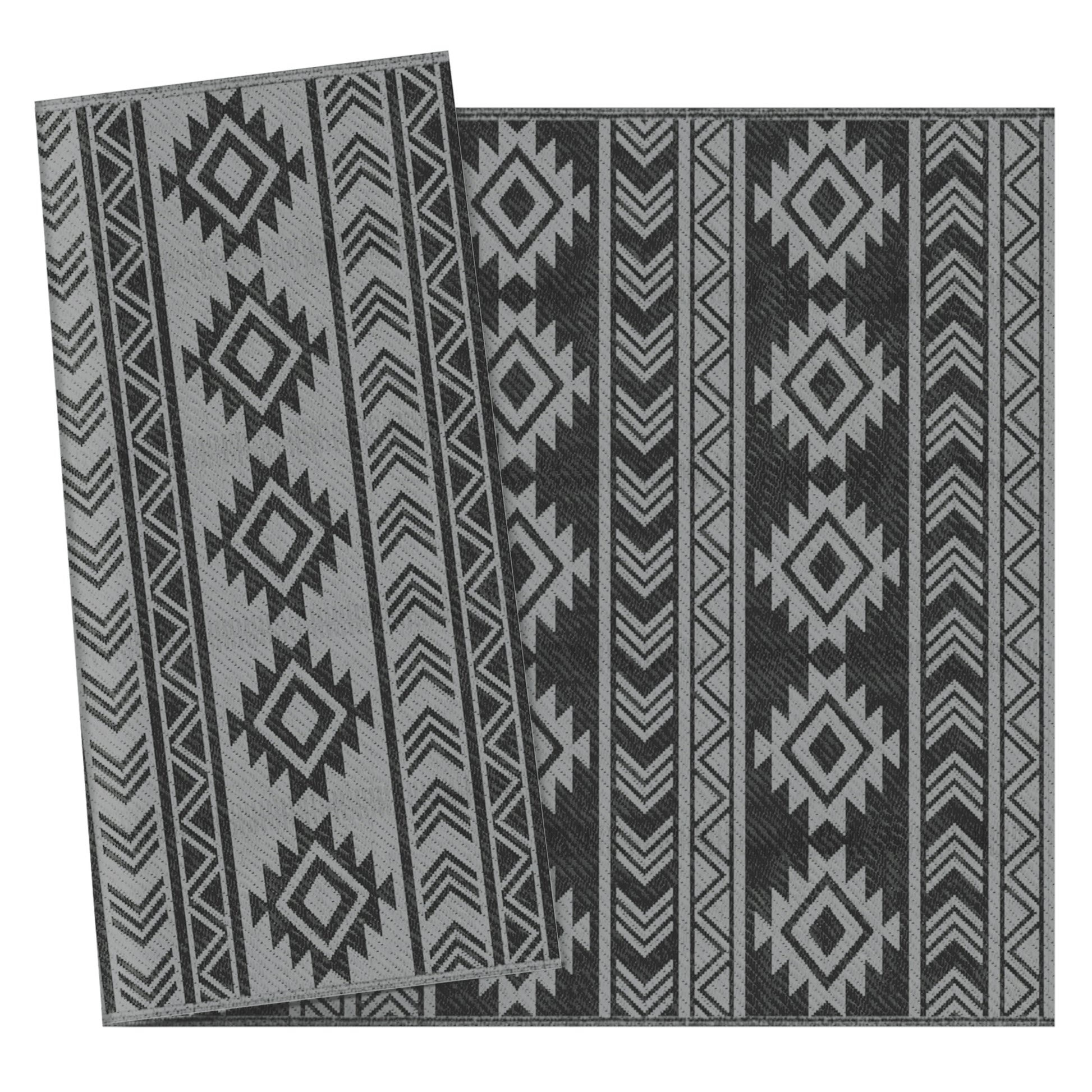 Outsunny Alfombra de Exterior, 182x274 cm, Alfombra Reversible con Patrón Geométrico, Impermeable, Anti-UV, para Terraza, Balcón, Patio, Camping, Viajes en Autocaravana, Negro y Gris Claro
