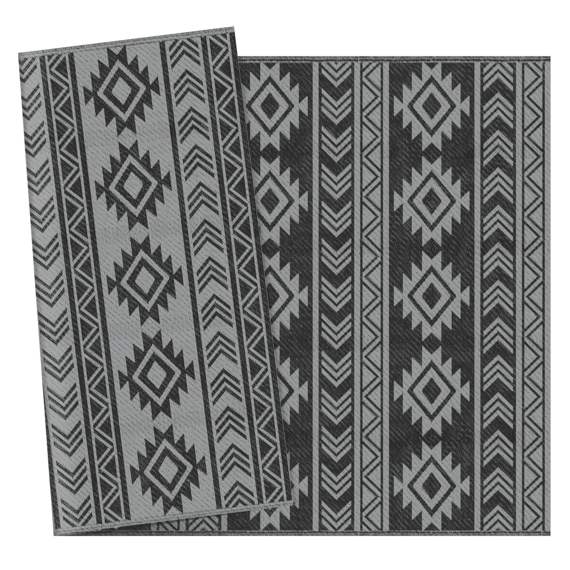 Outsunny Alfombra de Exterior, 182x274 cm, Alfombra Reversible con Patrón Geométrico, Impermeable, Anti-UV, para Terraza, Balcón, Patio, Camping, Viajes en Autocaravana, Negro y Gris Claro