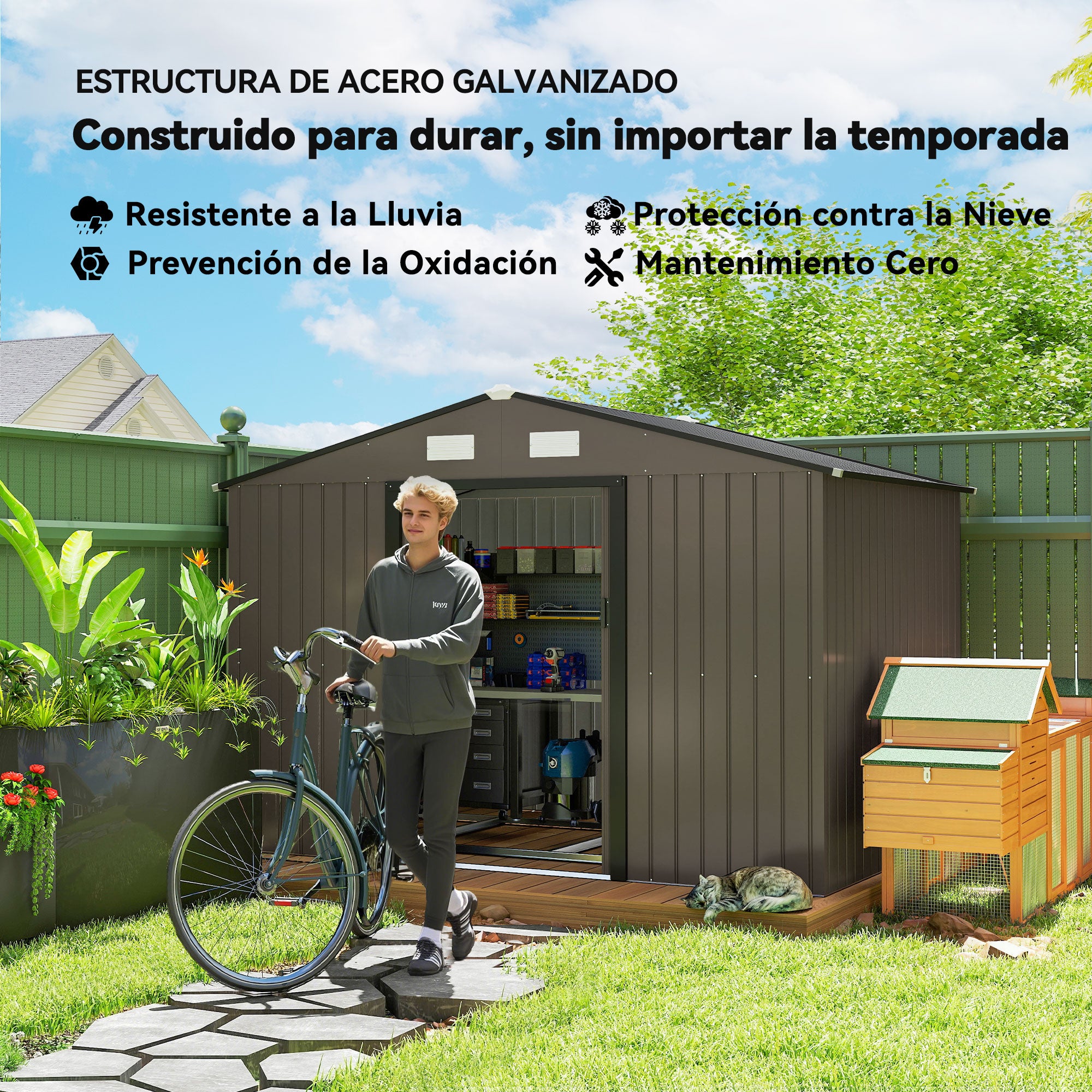 Outsunny Caseta de Jardín Exterior 4,9 m², 277x195x192 cm, Cobertizo de Jardín Exterior Metálico con Puerta Corredera, Ventilación y Kit de Fundación, para Almacenamiento de Herramientas, Marrón