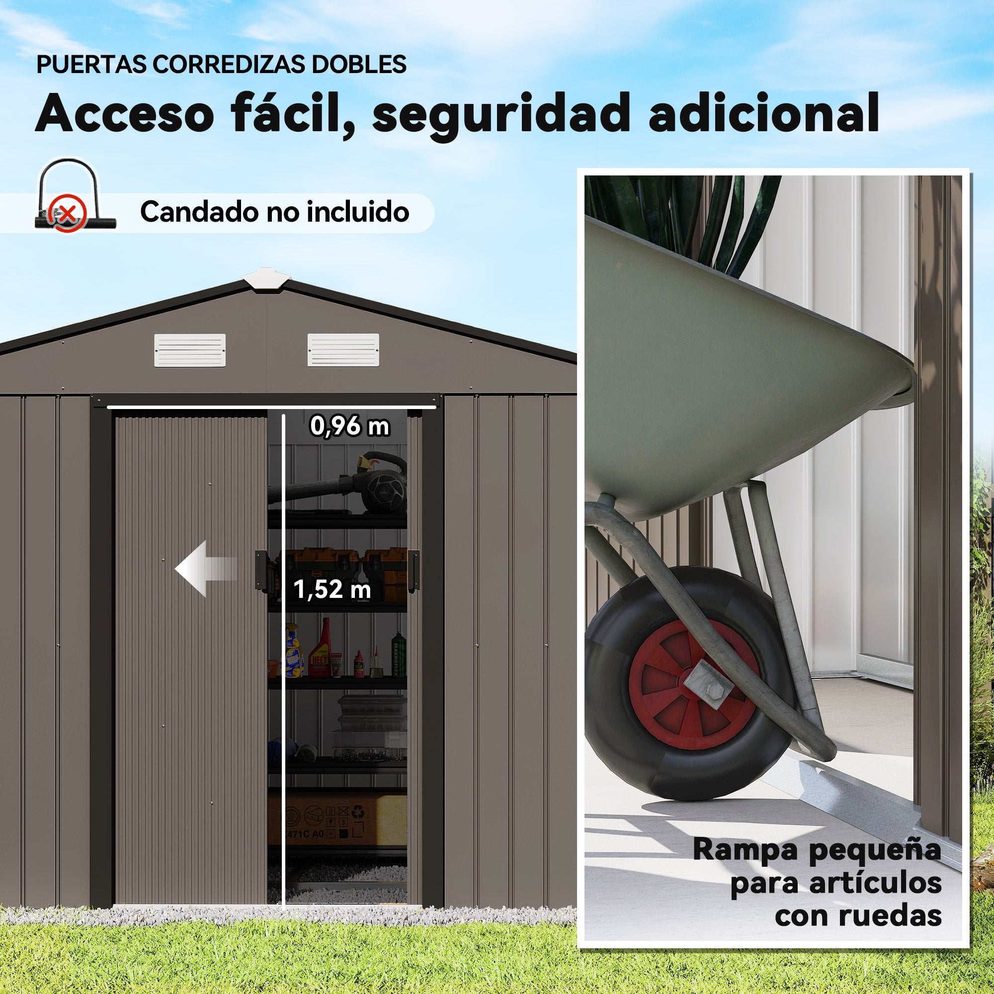 Outsunny Caseta de Jardín Exterior 4,9 m², 277x195x192 cm, Cobertizo de Jardín Exterior Metálico con Puerta Corredera, Ventilación y Kit de Fundación, para Almacenamiento de Herramientas, Marrón
