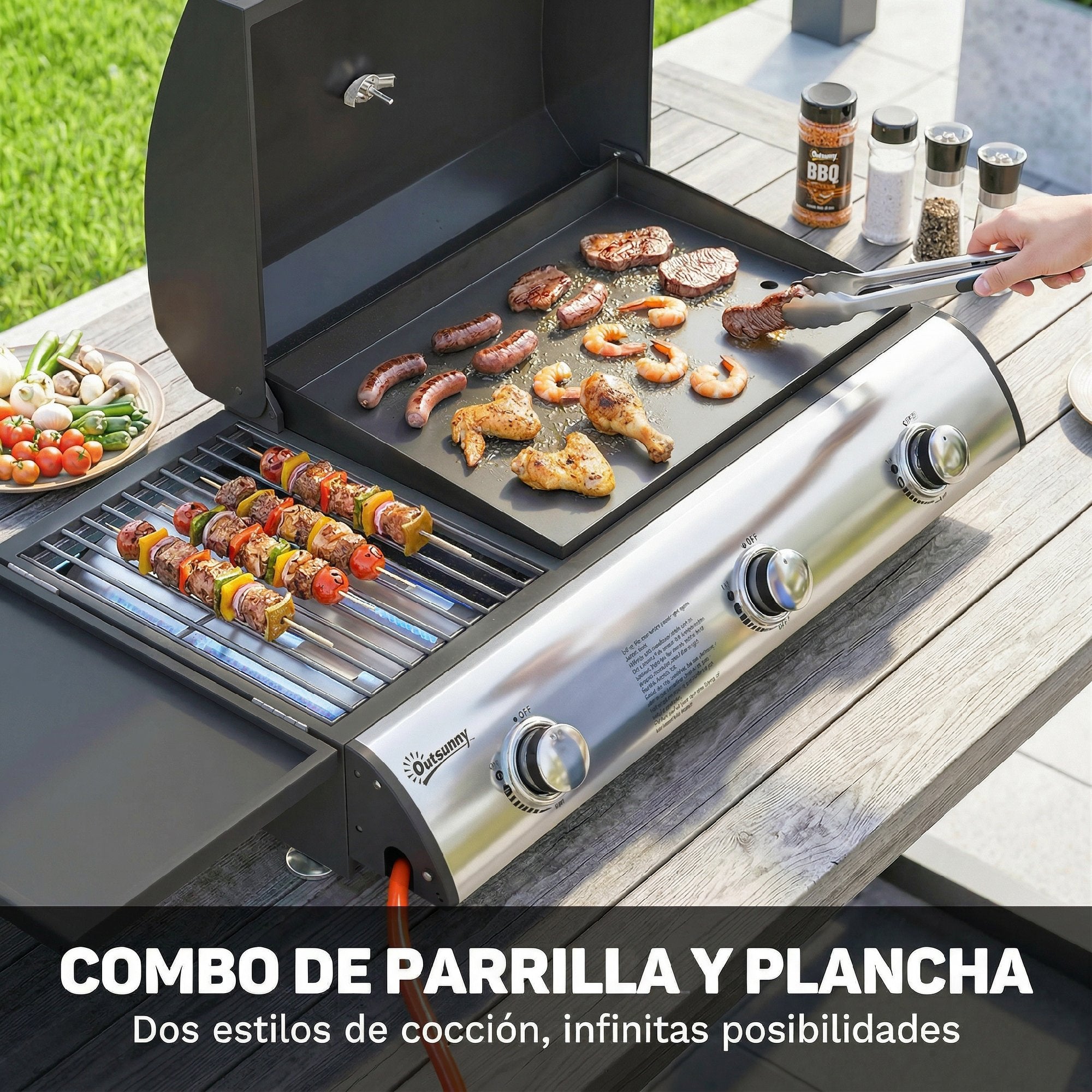 Outsunny Barbacoa de Gas BBQ Gas con 3 Quemadores 7,5 kW, Barbacoa de Mesa Portátil con Parrilla, Plancha, Estante Lateral Convertible, Termómetro, Tapa, Caja de Goteo, Patas Ajustables, Negro