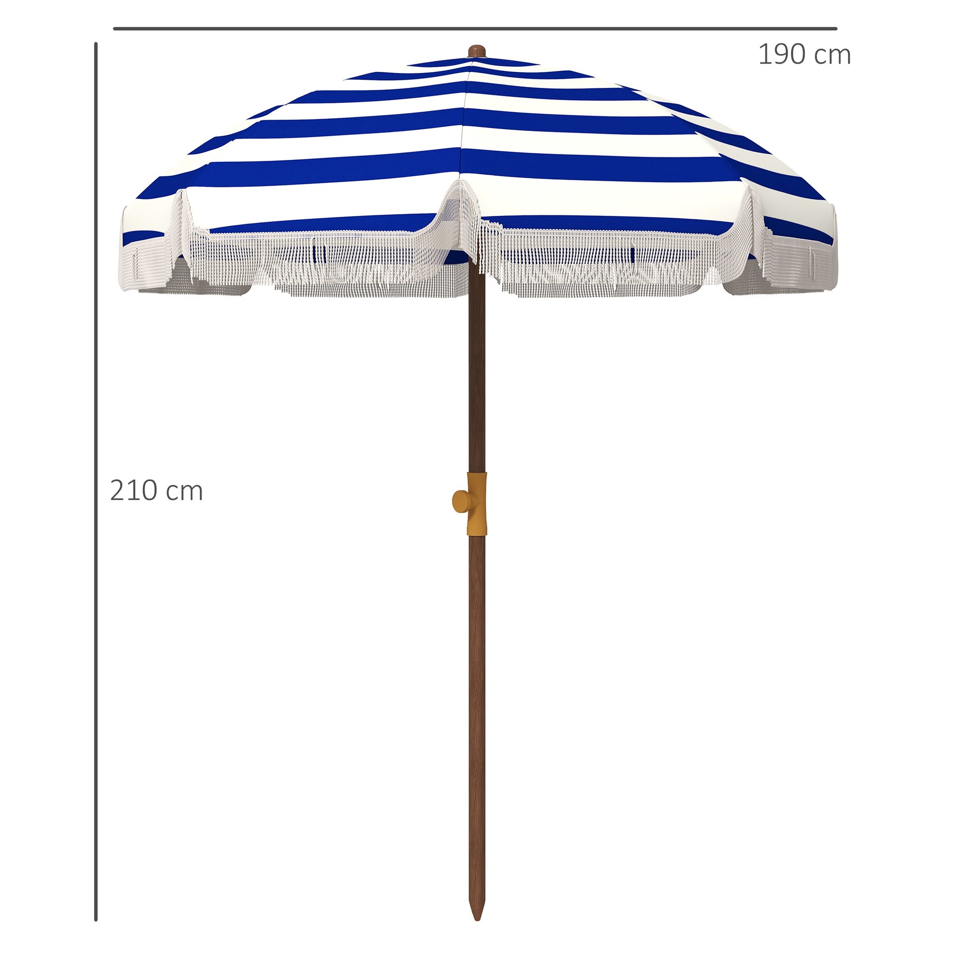 Outsunny Sombrilla de Playa Grande con Flecos Ø190 cm Sombrilla de Terraza Exterior con Protección UV40+ Antiviento Impermeable Mástil de Ø32 mm y Bolsa de Transporte Azul y Blanco