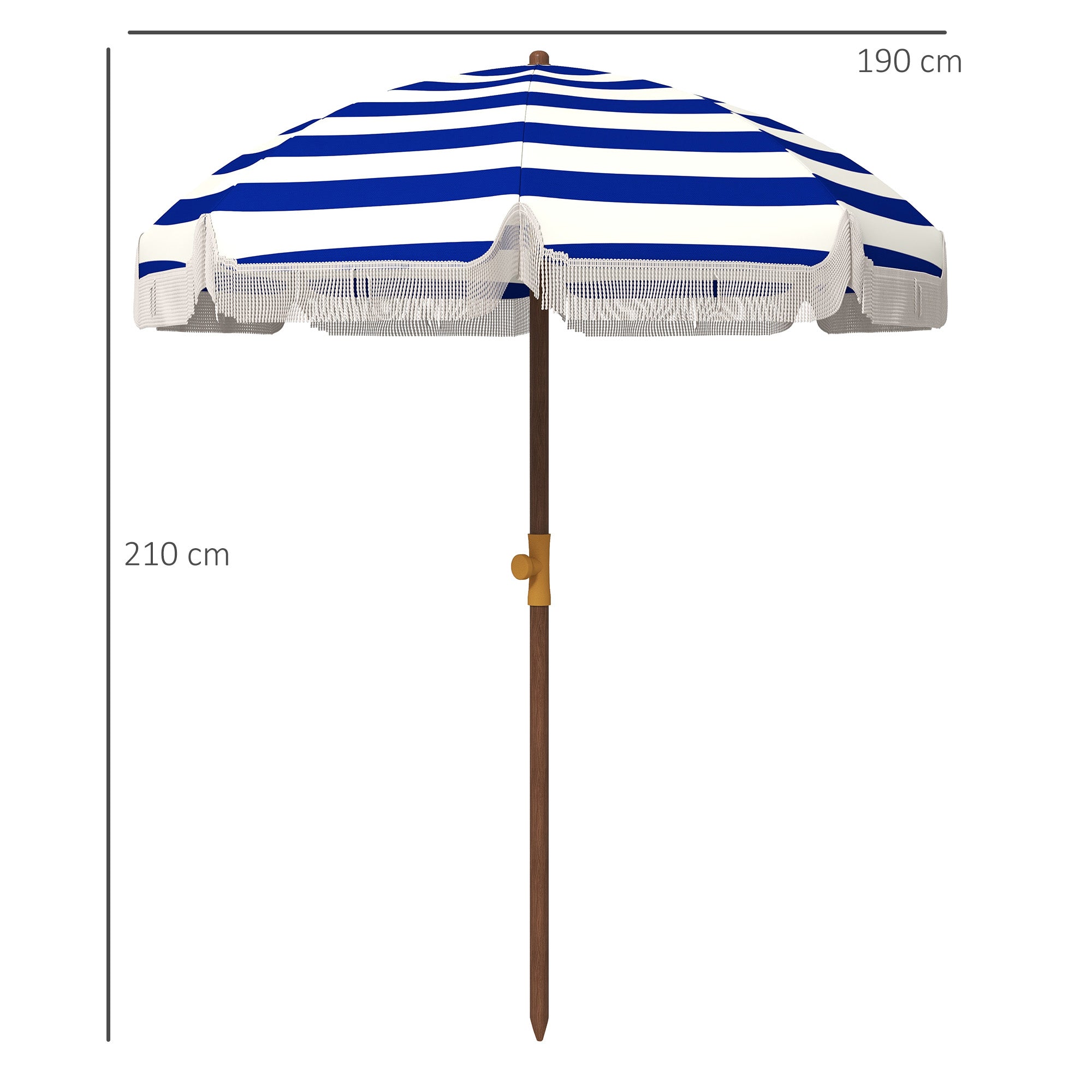 Outsunny Sombrilla de Playa Grande con Flecos Ø190 cm Sombrilla de Terraza Exterior con Protección UV40+ Antiviento Impermeable Mástil de Ø32 mm y Bolsa de Transporte Azul y Blanco
