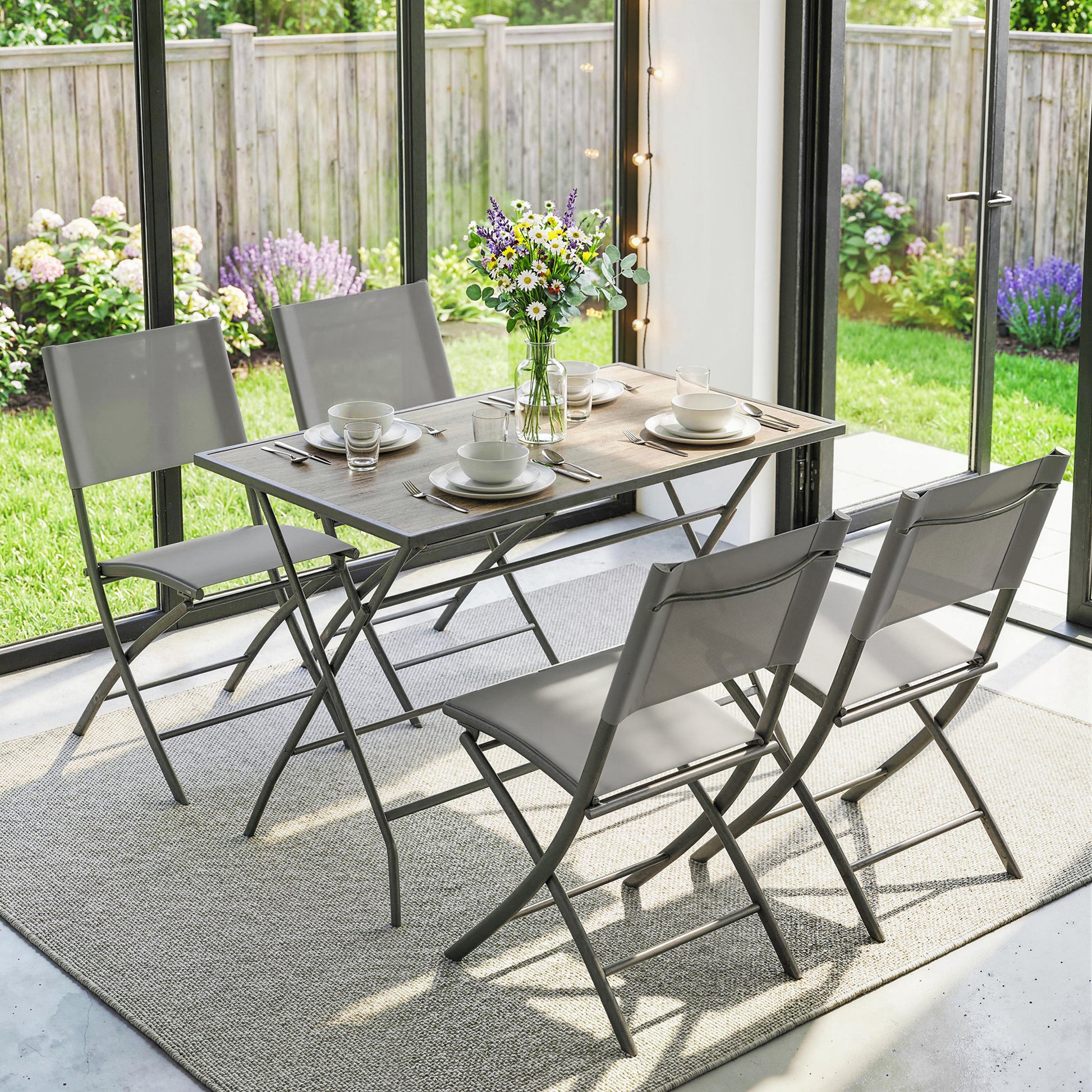Outsunny Conjunto de Mesa y Sillas Jardín de 5 Piezas, Muebles de Jardín Exterior con 4 Sillas Plegables y Mesa Plegable, para Terraza, Patio, Gris