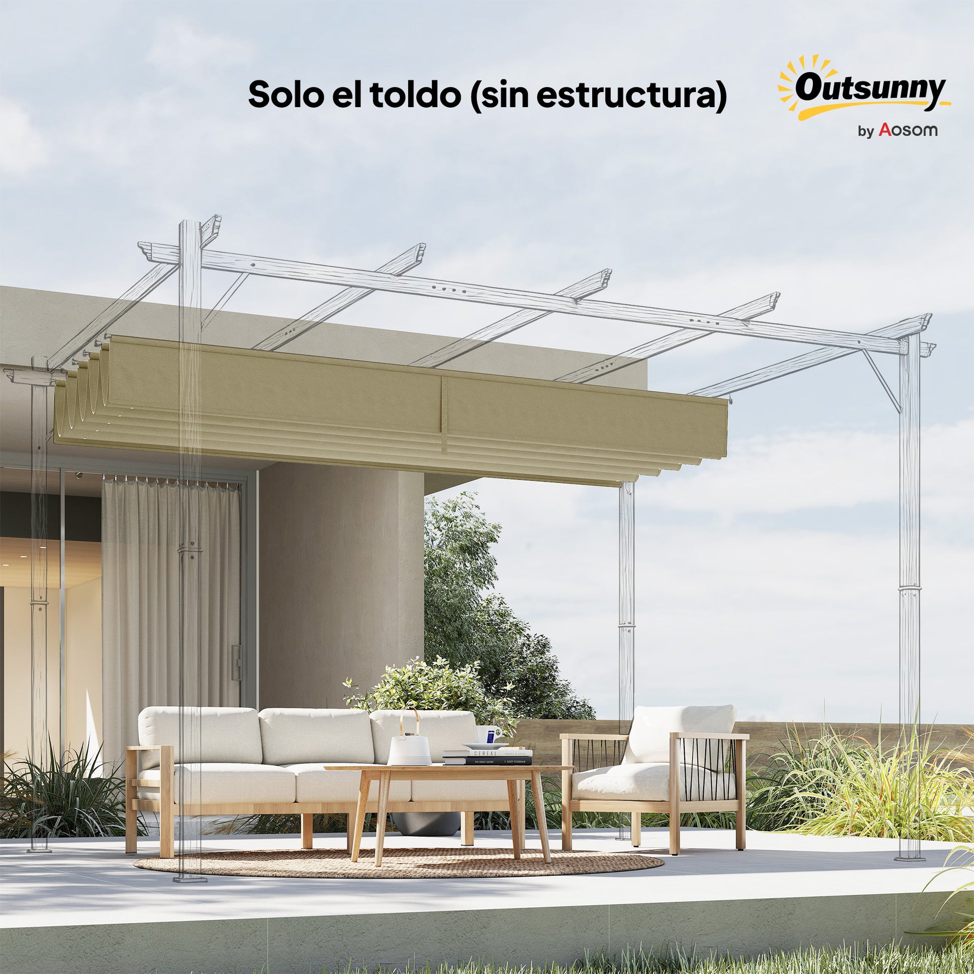 Outsunny Techo de Pérgola 3,5x2,6 m, Techo de Repuesto Retráctil para Marco de Pérgola de 4x3 m, UV30+, Toldo de Tela Solo para Cenador Jardín con 10 Orificios de Drenaje, Beige