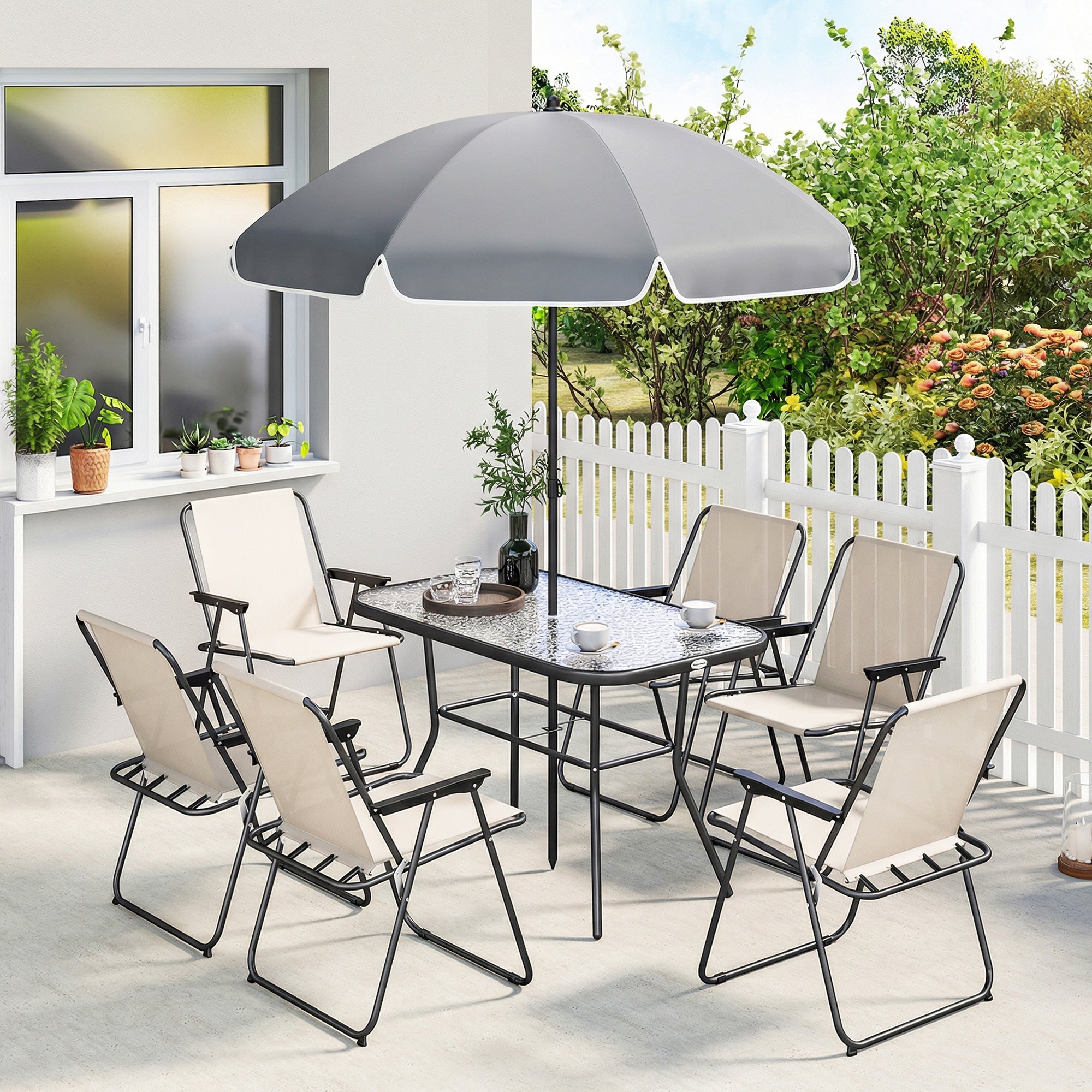 Outsunny Conjunto de Mesa y Sillas Jardín de 8 Piezas, Muebles de Jardín Exterior con Sombrilla, 6 Sillas Plegables, Mesa de Vidrio Templado, para Terraza, Patio, Crema
