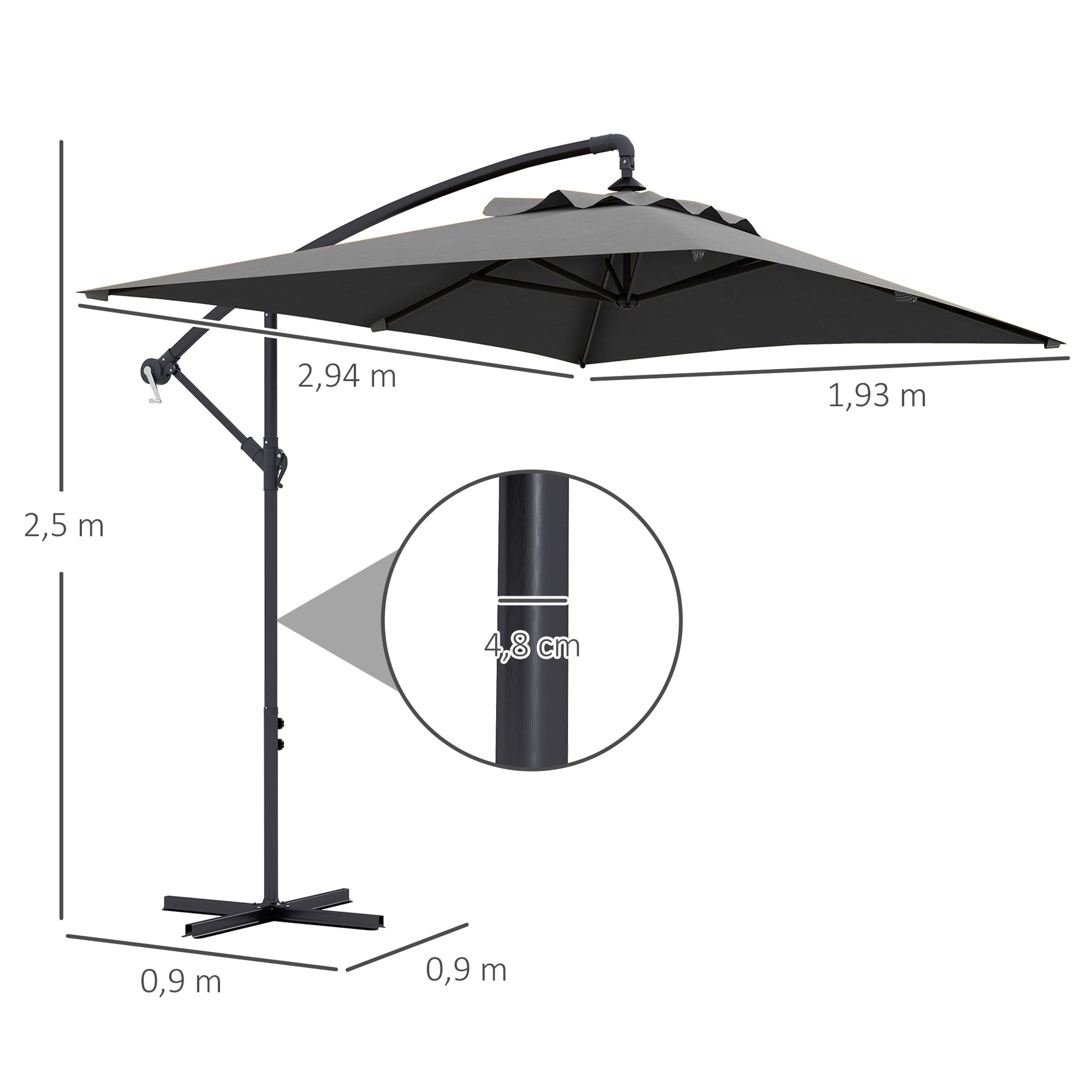 Outsunny Parasol Excéntrico 294x193 cm Sombrilla de Jardín con Base Cruzada y Manivela Impermeable Protección UV Sombrilla para Terraza Patio Gris Oscuro