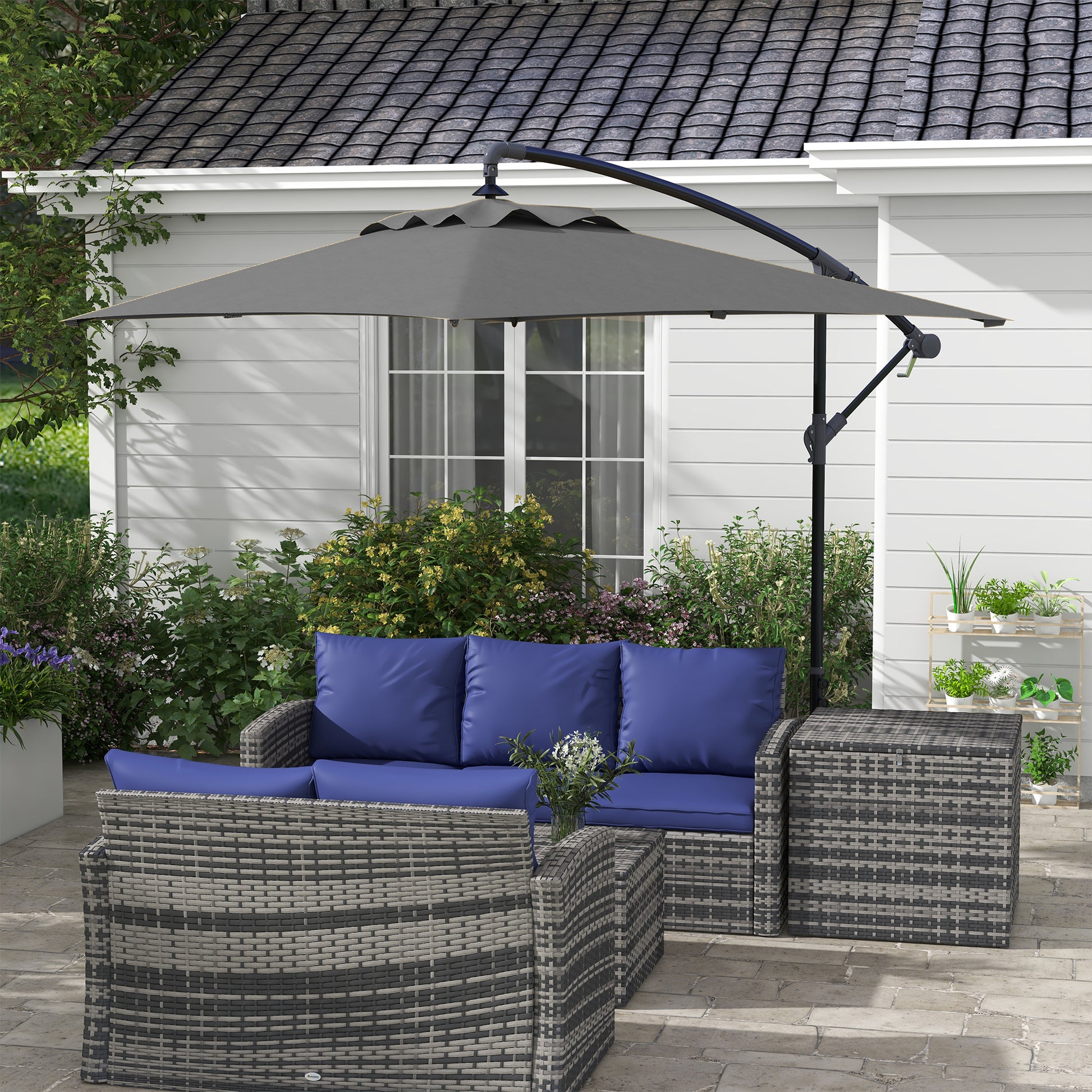 Outsunny Parasol Excéntrico 294x193 cm Sombrilla de Jardín con Base Cruzada y Manivela Impermeable Protección UV Sombrilla para Terraza Patio Gris Oscuro