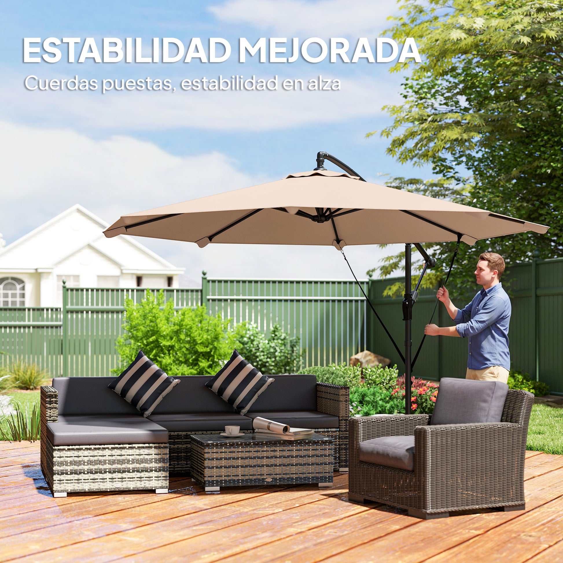 Outsunny Parasol Excéntrico, Ø300 cm, Sombrilla de Jardín con Base Cruzada, Manivela, Funda Protectora y Cuerdas de Viento, UPF30+, para Terraza, Patio, Caqui