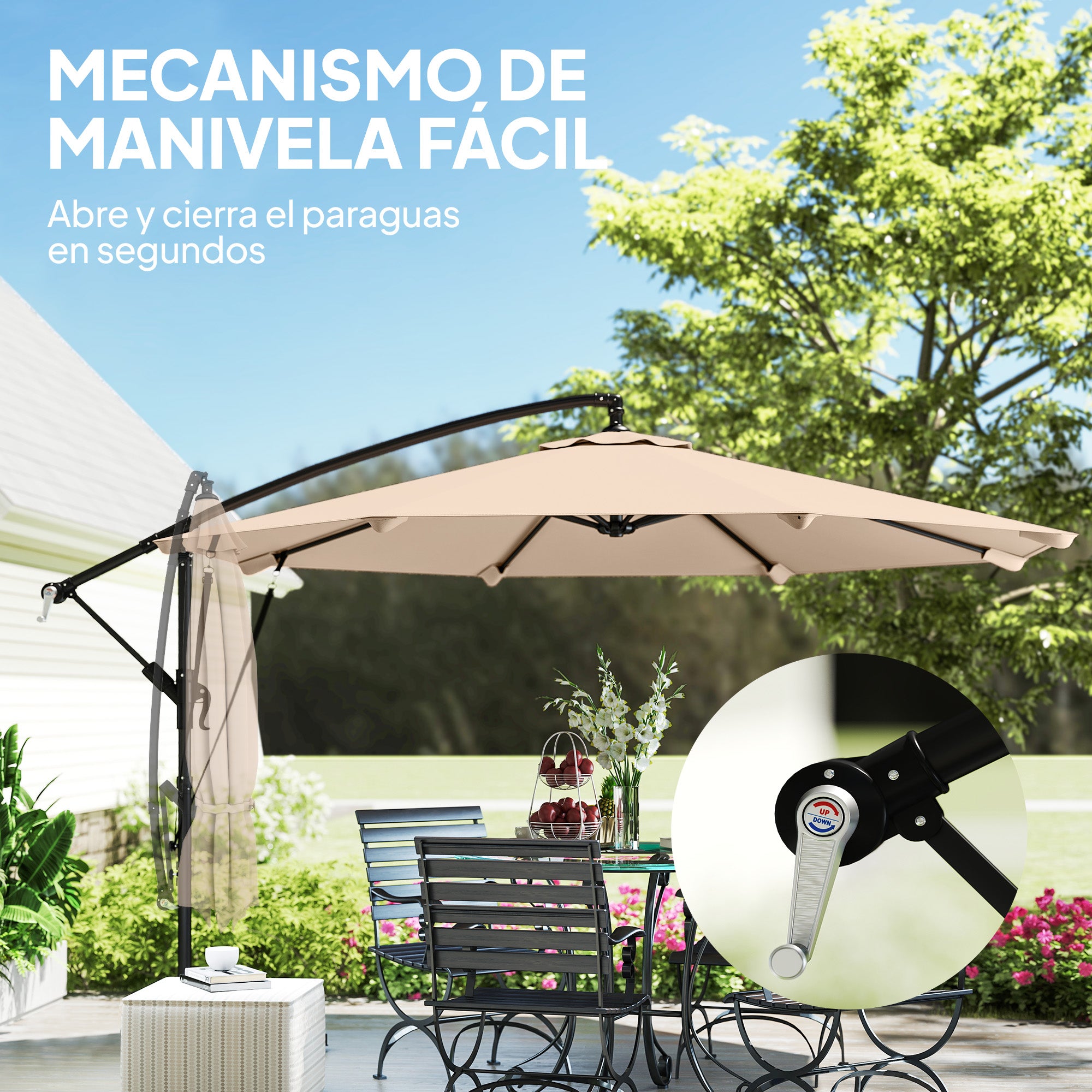 Outsunny Parasol Excéntrico, Ø300 cm, Sombrilla de Jardín con Base Cruzada, Manivela, Funda Protectora y Cuerdas de Viento, UPF30+, para Terraza, Patio, Caqui