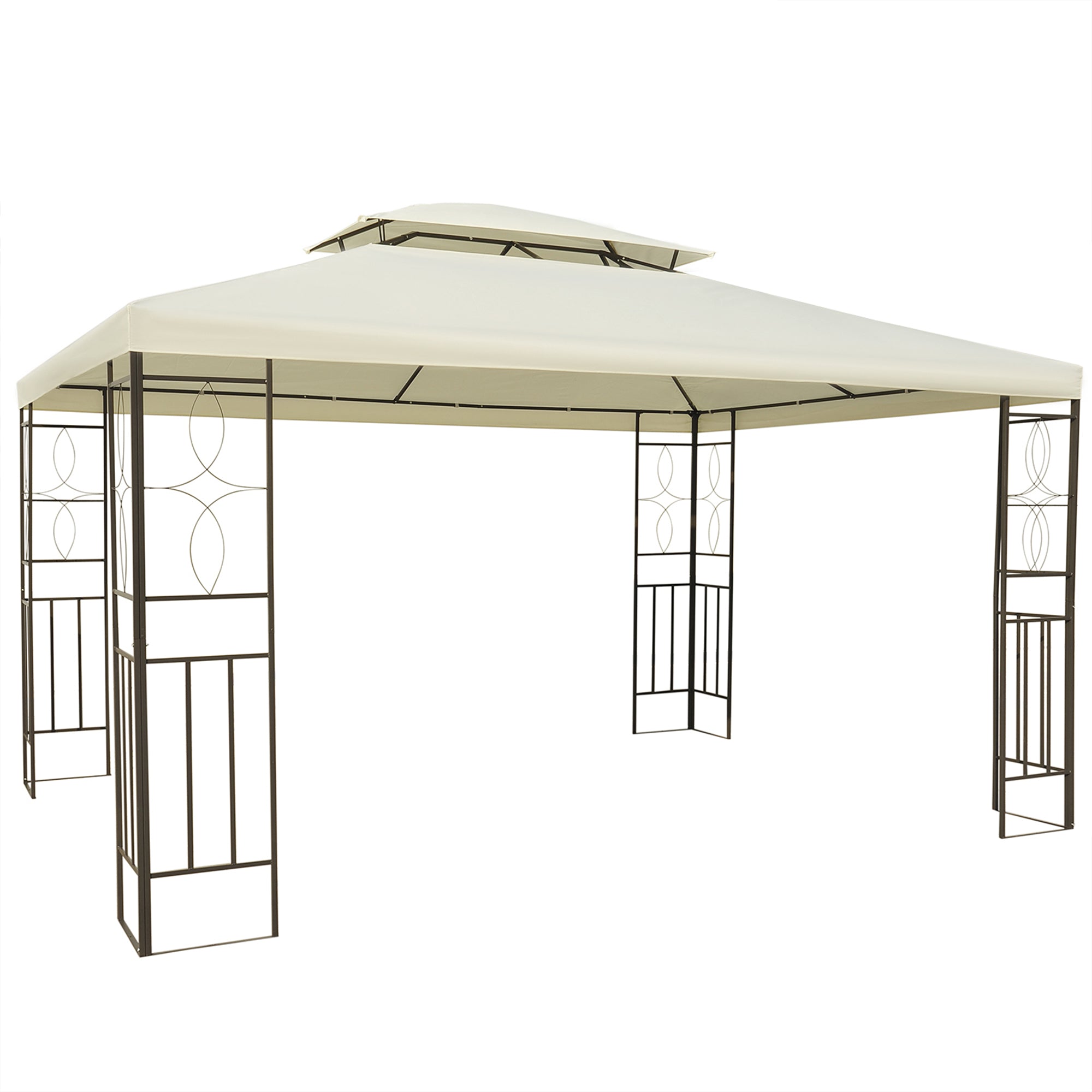 Outsunny Cenador de Jardín 4x3 m, Pabellón de Jardín Gazebo con Doble Techo, Marco de Acero, 8 Orificios de Drenaje, UPF30+, Carpa para Exterior, Terraza, Patio, Fiestas, Blanco Crema