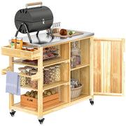 Outsunny Carrito de Parrilla Carrito de Barbacoa de Madera Carro de Servicio con 4 Ruedas Estantes Armario Encimera de Acero Inoxidable Toallero y Especiero para Jardín Patio 134,5x50x91,5 cm Natural