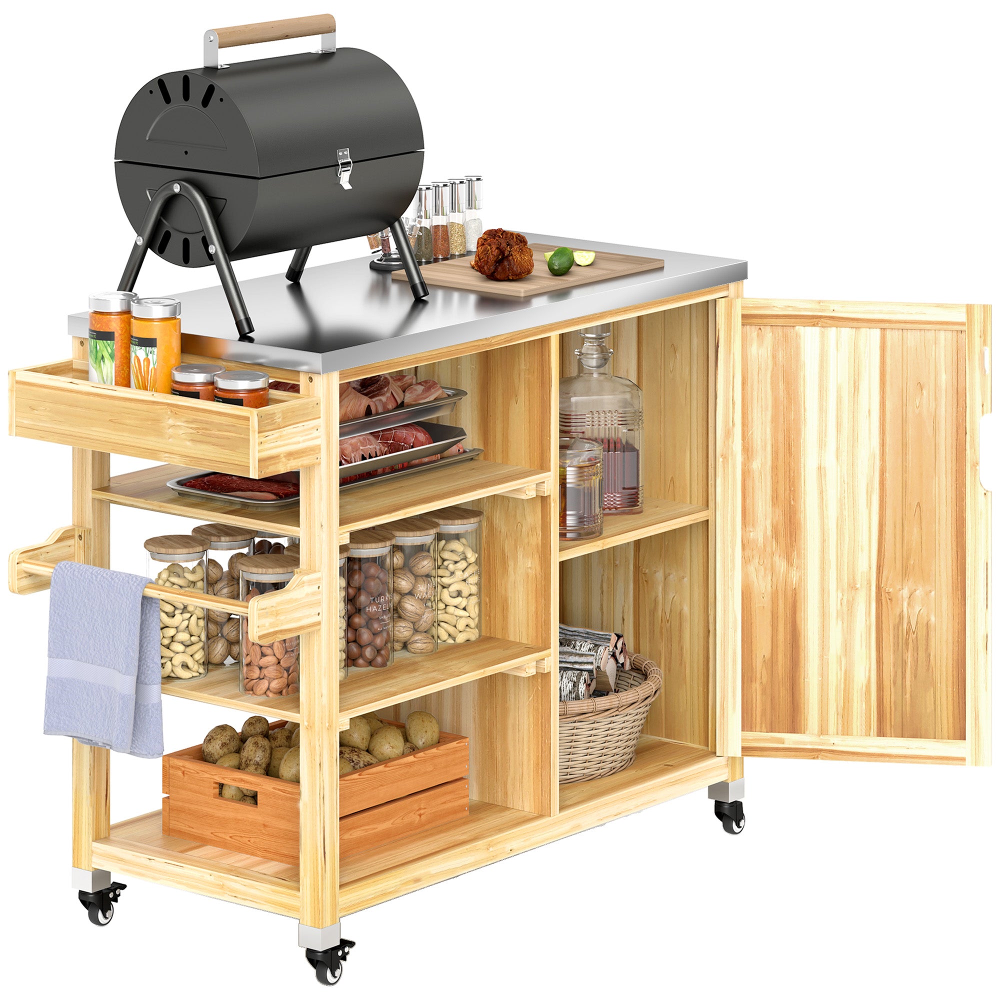 Outsunny Carrito de Parrilla Carrito de Barbacoa de Madera Carro de Servicio con 4 Ruedas Estantes Armario Encimera de Acero Inoxidable Toallero y Especiero para Jardín Patio 134,5x50x91,5 cm Natural