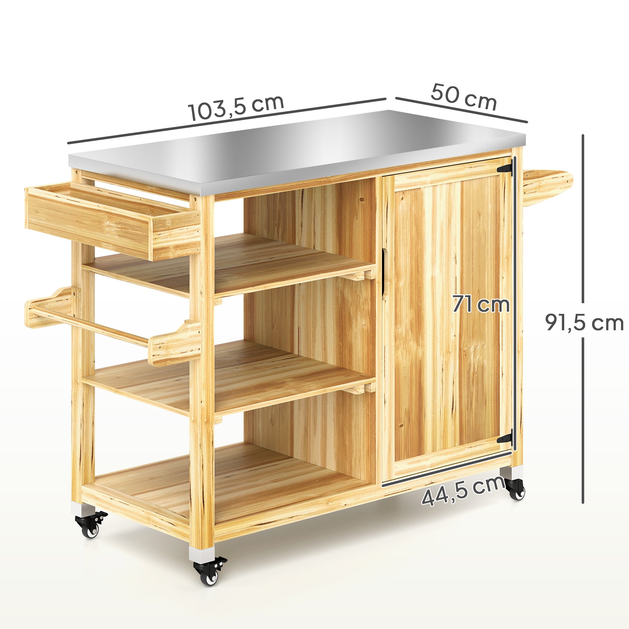 Outsunny Carrito de Parrilla Carrito de Barbacoa de Madera Carro de Servicio con 4 Ruedas Estantes Armario Encimera de Acero Inoxidable Toallero y Especiero para Jardín Patio 134,5x50x91,5 cm Natural
