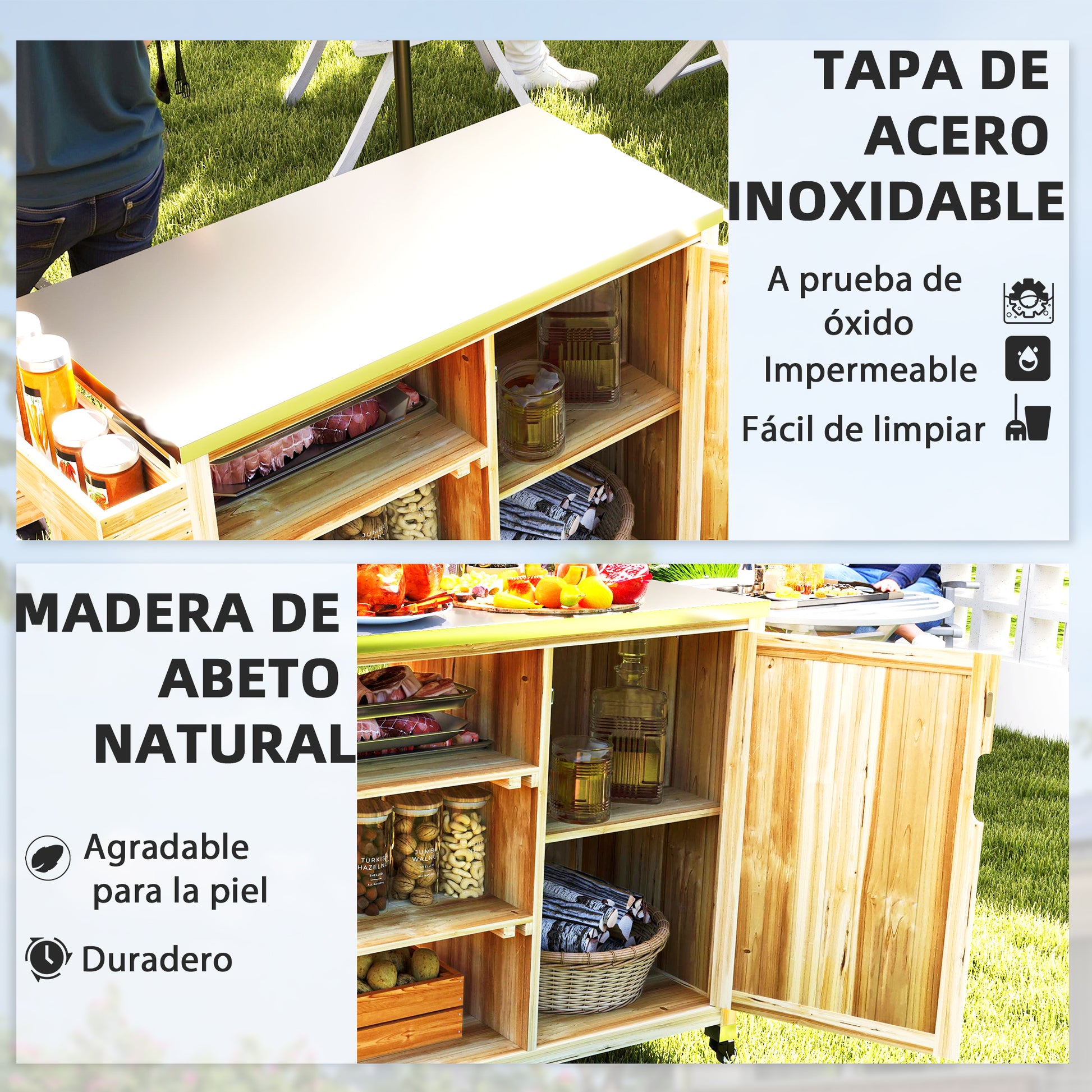 Outsunny Carrito de Parrilla Carrito de Barbacoa de Madera Carro de Servicio con 4 Ruedas Estantes Armario Encimera de Acero Inoxidable Toallero y Especiero para Jardín Patio 134,5x50x91,5 cm Natural