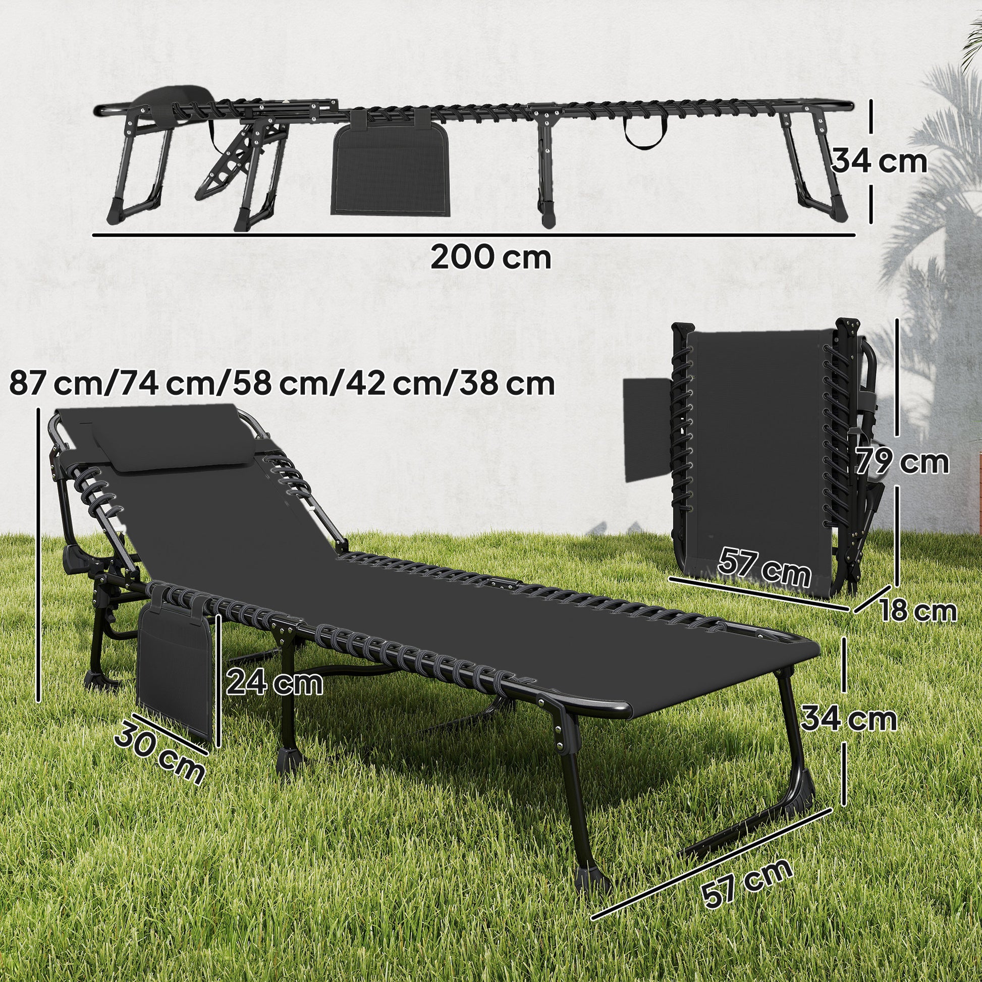 Outsunny Set de 2 Tumbonas Jardín Exterior, Tumbonas Plegables con Reposacabezas y Bolsillo Lateral, Respaldo Reclinable 5 Posiciones y Asiento de Malla Transpirable para Playa, Piscina, Negro