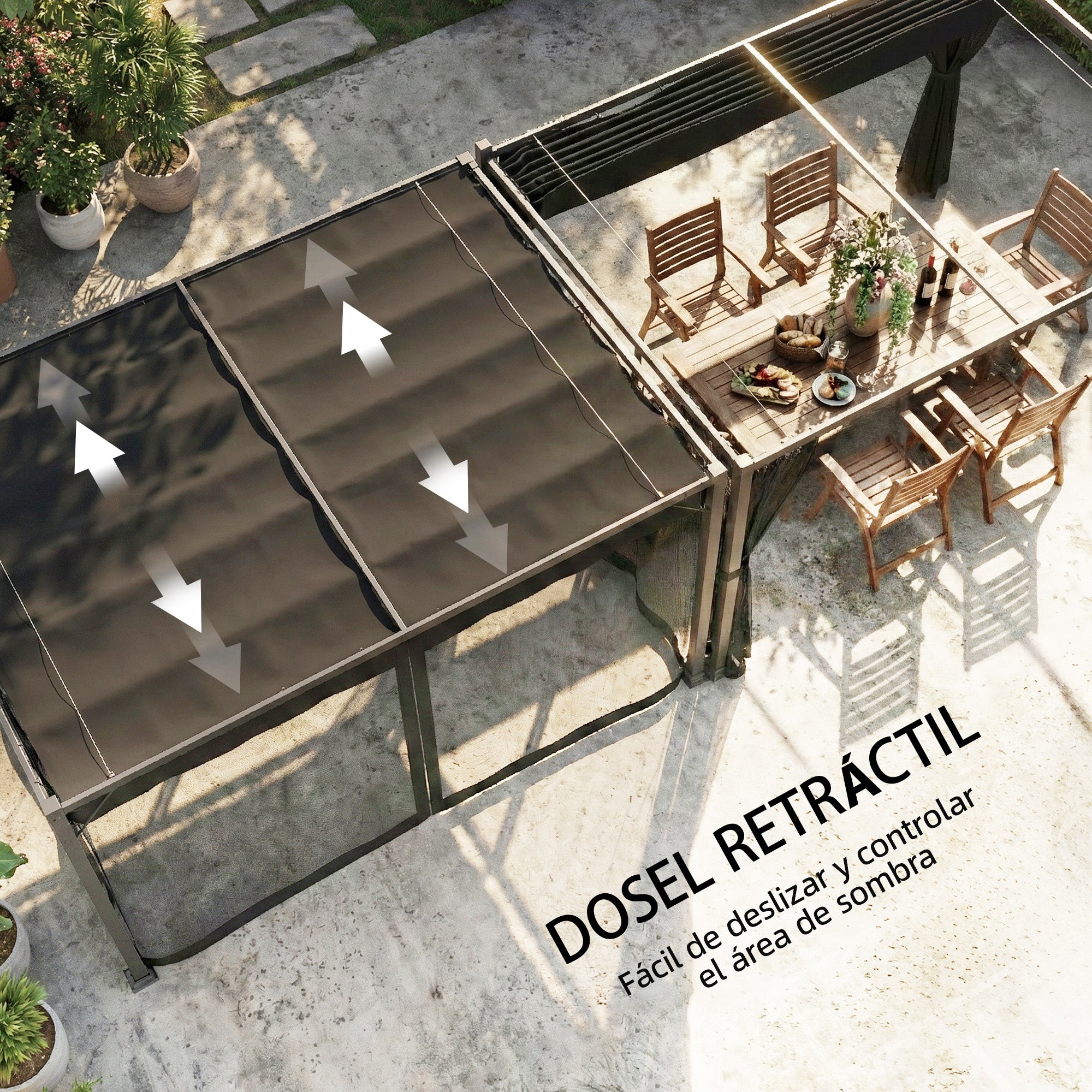 Outsunny Pérgola de Jardín 3x4 m con Techo Retráctil y 4 Paredes Laterales de Malla, Cenador de Jardín con Estructura de Aluminio, UPF30+, Pabellón para Exterior, Patio, Terraza, Gris Oscuro