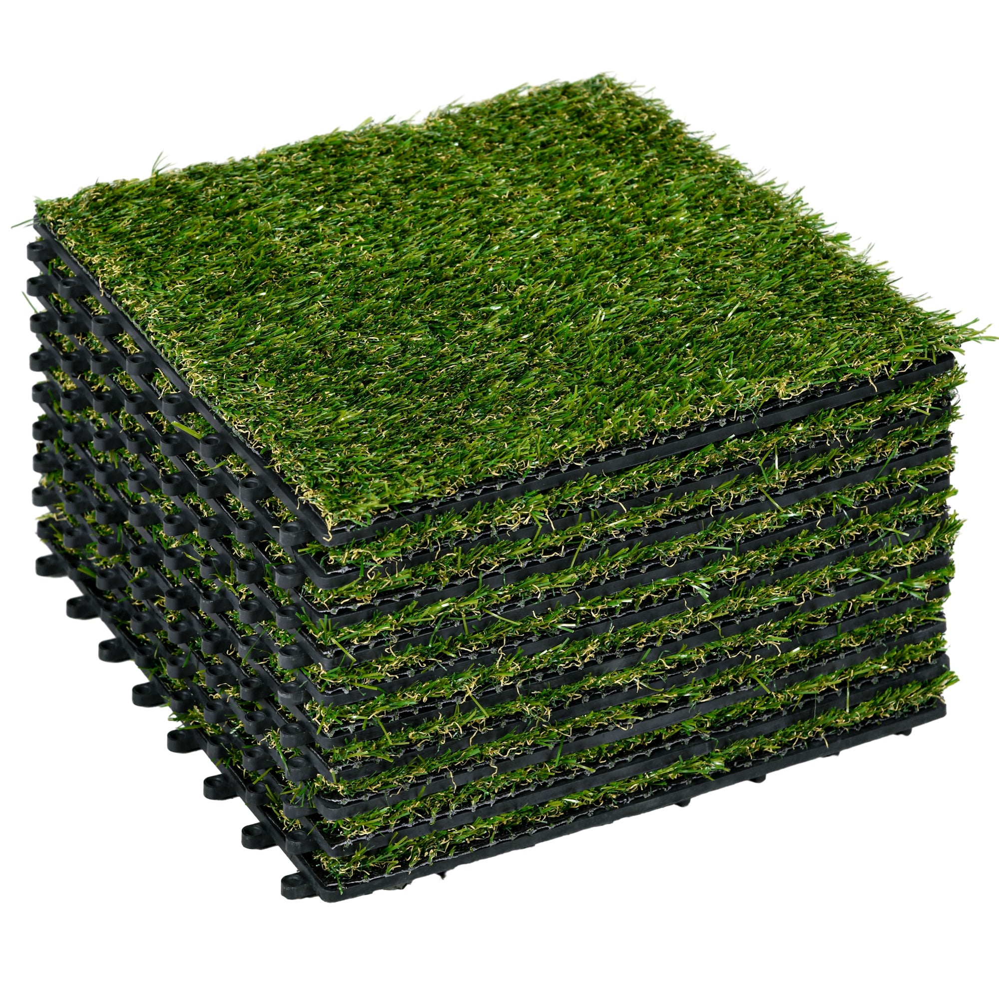Outsunny Césped Artificial de 10 Piezas Alfombra Césped Artificial 30x30 cm con Altura de Hierba 20 mm Anti-UV Césped Sintético para Jardín Patio Balcón Verde Oscuro