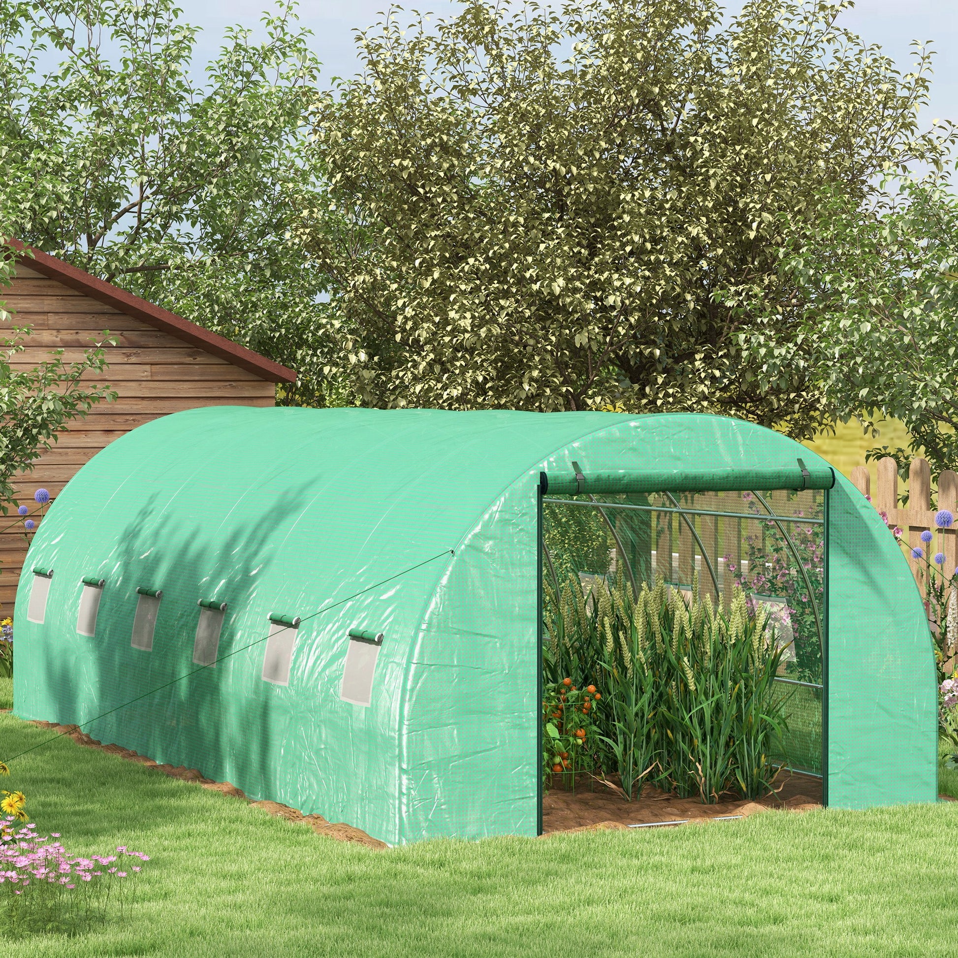 Outsunny Invernadero de Exterior 6x3x2 m, Invernadero de Túnel con Sistema de Riego, Puerta Enrollable, 12 Ventanas de Malla, Cubierta PE y Marco de Acero Galvanizado, Anti-UV, Impermeable, Verde