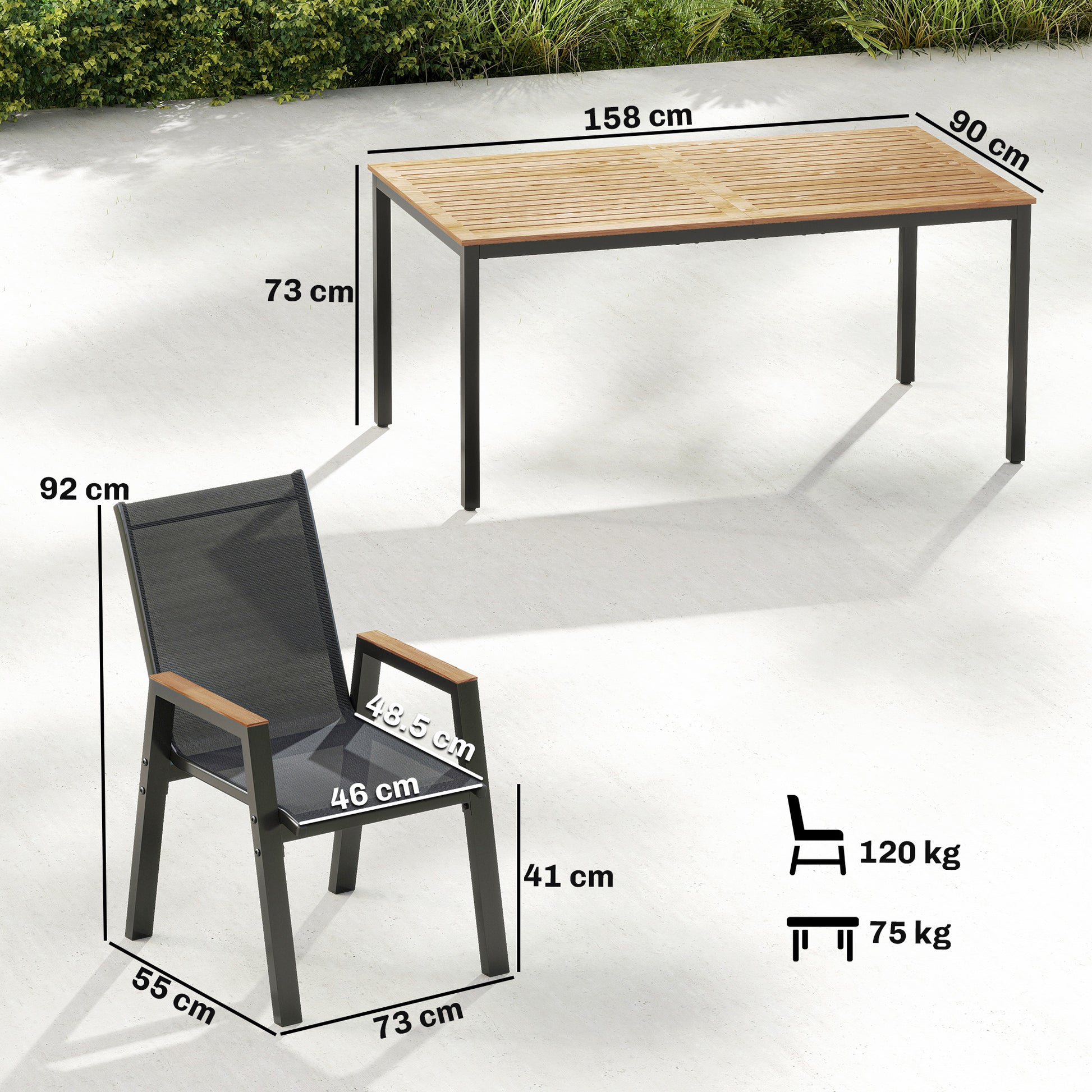 Outsunny Conjunto de Mesa y Sillas Jardín de 7 Piezas, Muebles Jardín Exterior con Mesa con Tablero de Listones Efecto Madera, 6 Sillas Transpirables, Marco de Metal Resistente a la Intemperie, Negro