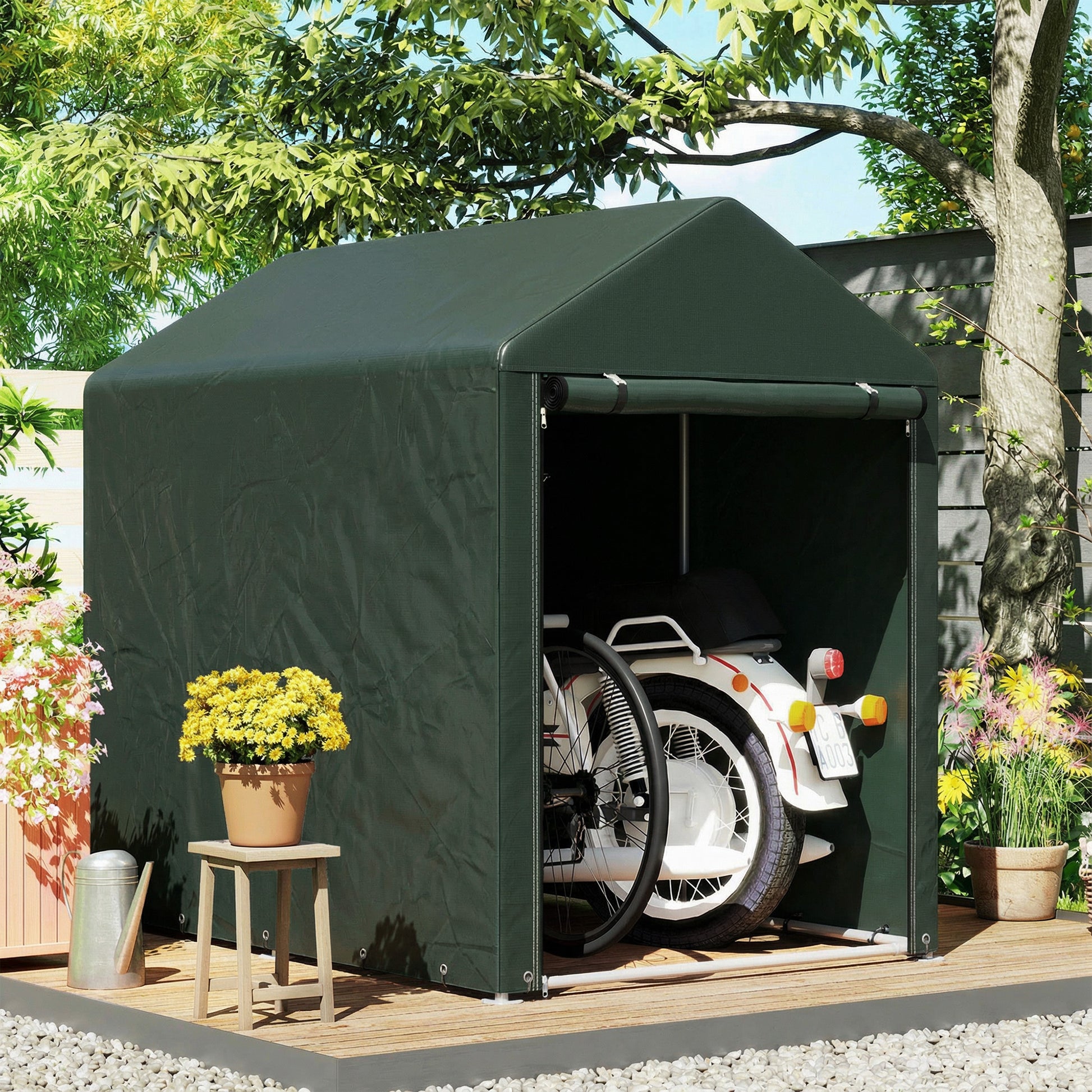 Outsunny Carpa de Jardín Exterior para Herramientas Bicicletas 1,2x1,8x1,65 m, Cobertizo Exterior con 2 Habitaciones, Puerta Enrollable con Cremallera, Impermeable Anti-UV, Garaje Portátil, Verde