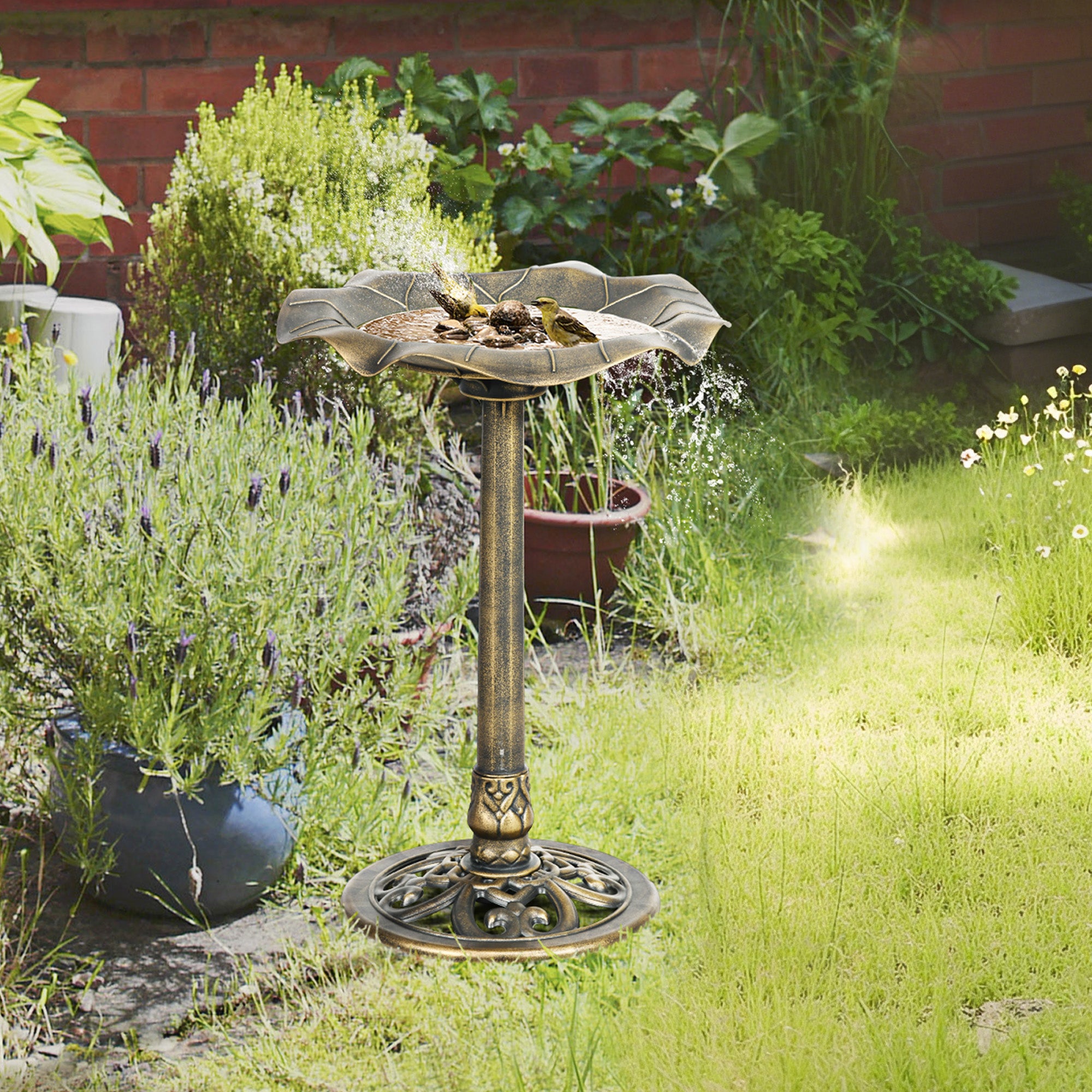 Outsunny Baño para Pájaros de Jardín al Aire Libre, Altura 71 cm, Comedero para Pájaros con Lavabo Diseño Hoja de Loto y Acabado Envejecido, Ligero y Resistente, Bebedero para Aves, Bronce