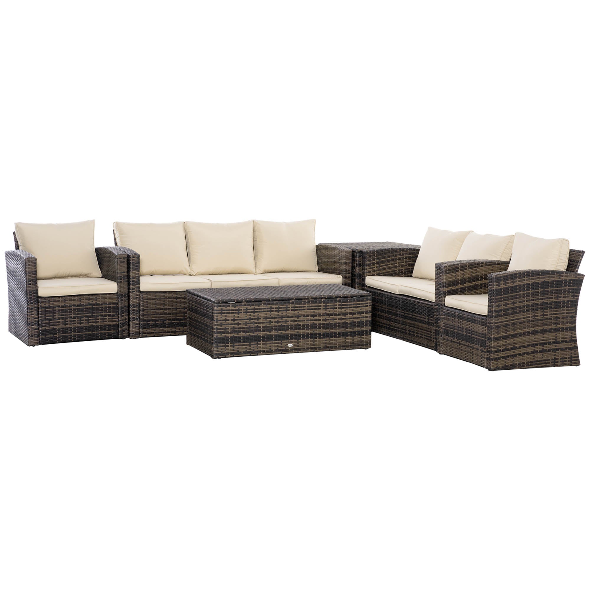 Outsunny Conjunto de Muebles de Jardín de Ratán 6 Piezas Sofá Doble Sofá de 3 Plazas 2 Sillones Individuales 2 Mesas Auxiliares con Almacenamiento y Cojines Acolchados para Exterior Marrón y Crema