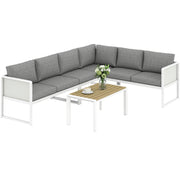 Outsunny Conjunto de Muebles Jardín Exterior de 4 Piezas Sofá Exterior Seccional Forma de L con 3 Sofás de 2 Plazas Asiento de Textilene Mesa con Tablero Efecto Madera WPC Cojines Gris Claro y Blanco