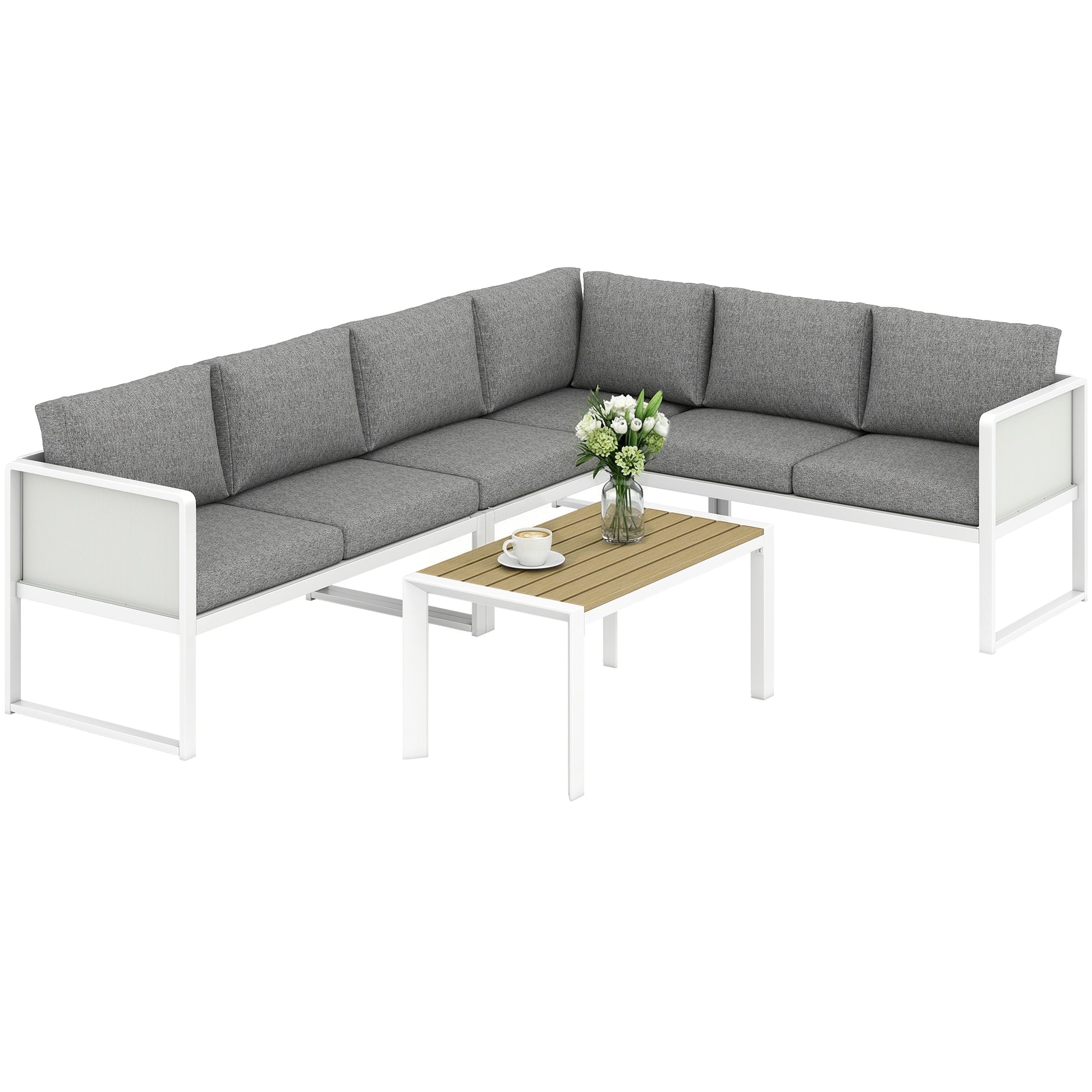 Outsunny Conjunto de Muebles Jardín Exterior de 4 Piezas Sofá Exterior Seccional Forma de L con 3 Sofás de 2 Plazas Asiento de Textilene Mesa con Tablero Efecto Madera WPC Cojines Gris Claro y Blanco