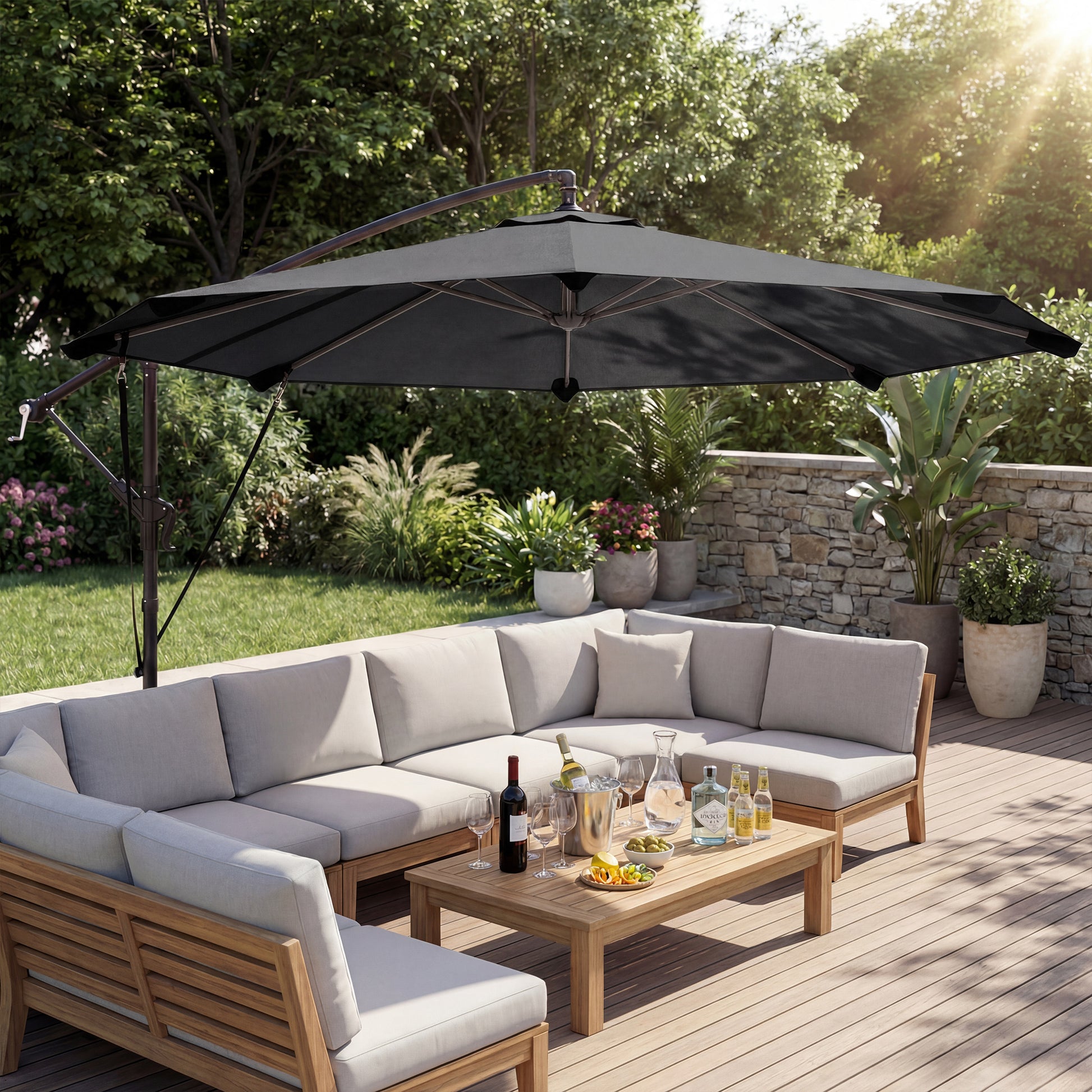 Outsunny Parasol Excéntrico, Ø300 cm, Sombrilla de Jardín con Base Cruzada, Manivela, Funda Protectora y Cuerdas de Viento, UPF30+, para Terraza, Patio, Gris Oscuro