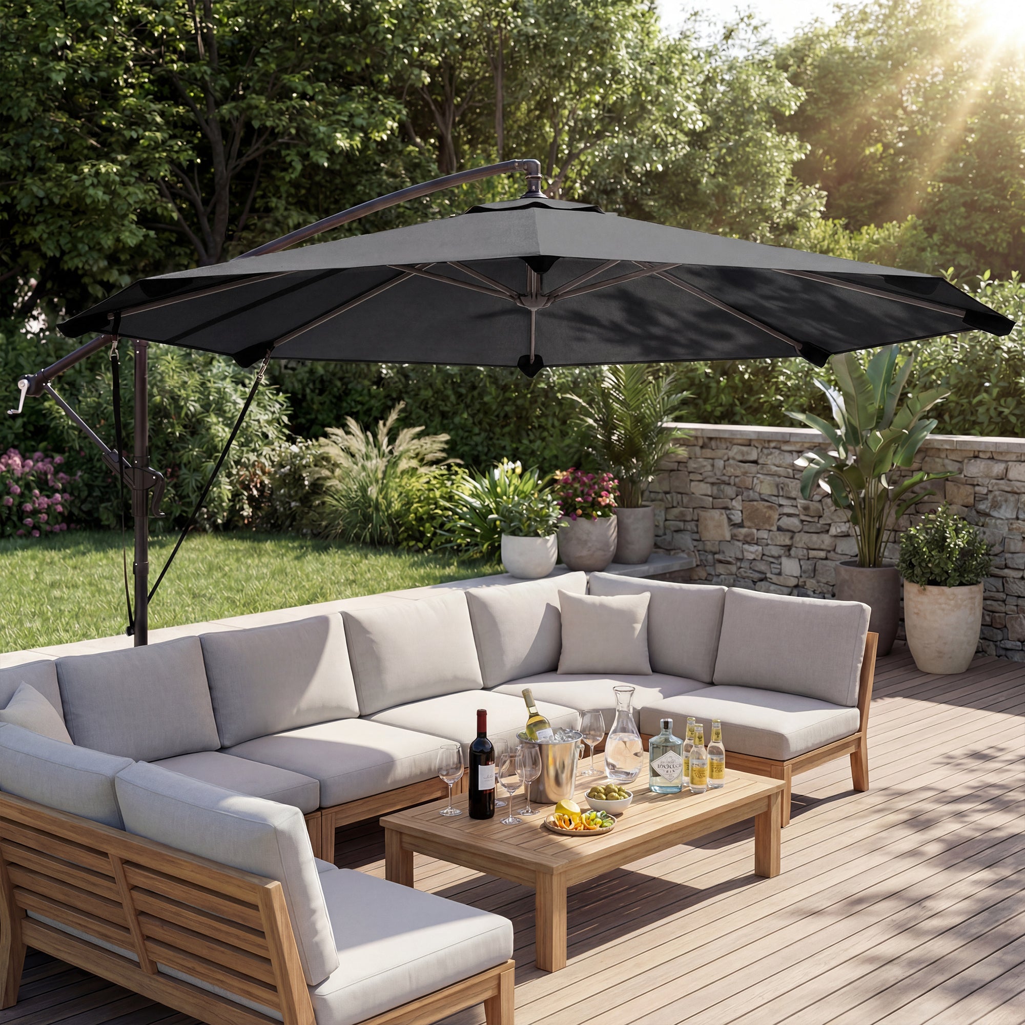 Outsunny Parasol Excéntrico, Ø300 cm, Sombrilla de Jardín con Base Cruzada, Manivela, Funda Protectora y Cuerdas de Viento, UPF30+, para Terraza, Patio, Gris Oscuro