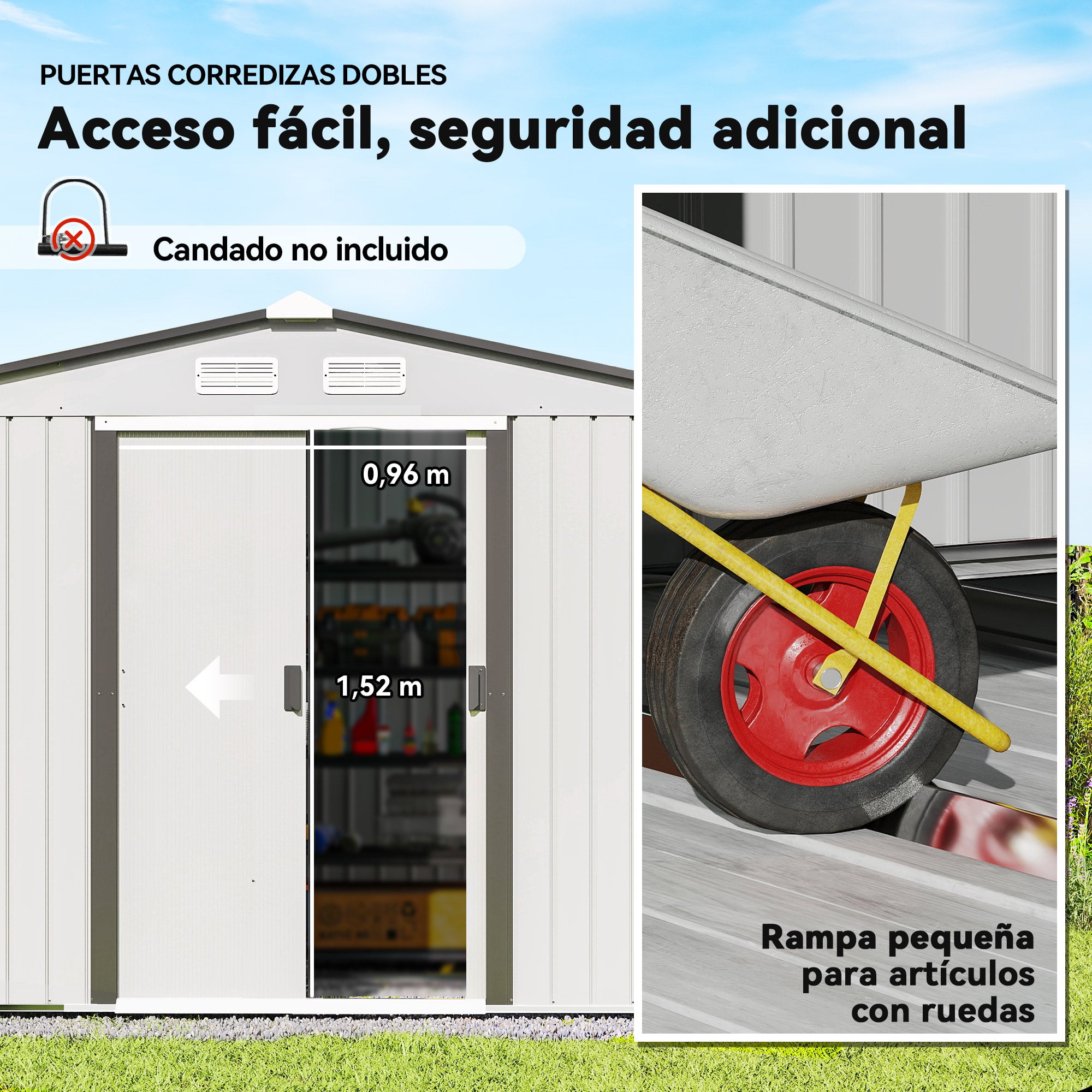 Outsunny Caseta de Jardín Exterior 4,9 m², 277x195x192 cm, Cobertizo de Jardín Exterior Metálico con Puerta Corredera, Ventilación y Kit de Fundación, para Almacenamiento de Herramientas, Plata